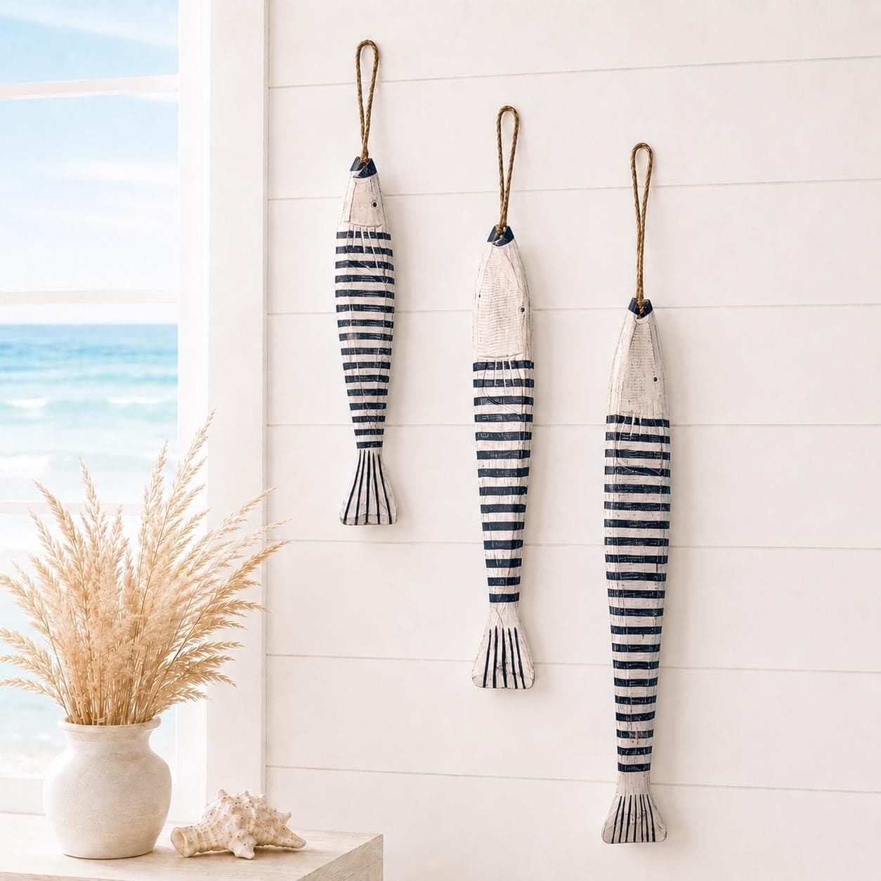 Set of 3 Wooden Fish Wall Decor, Hand Carved Nautical Beach House Hanging Fish - Thumbnail 5