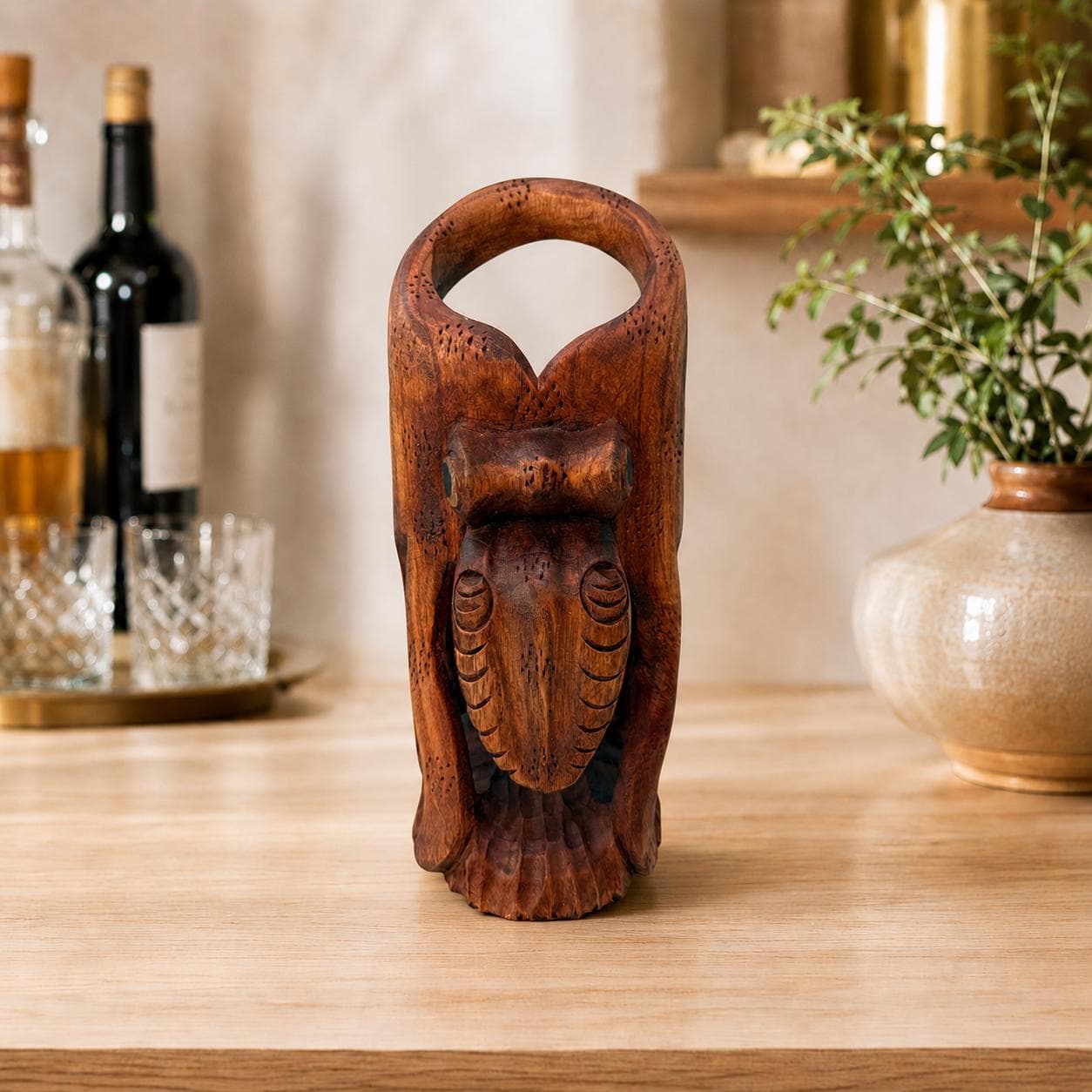 Hand Carved Wooden Octopus Wine Bottle Holder, Coastal Nautical Bar Decor - Thumbnail 4