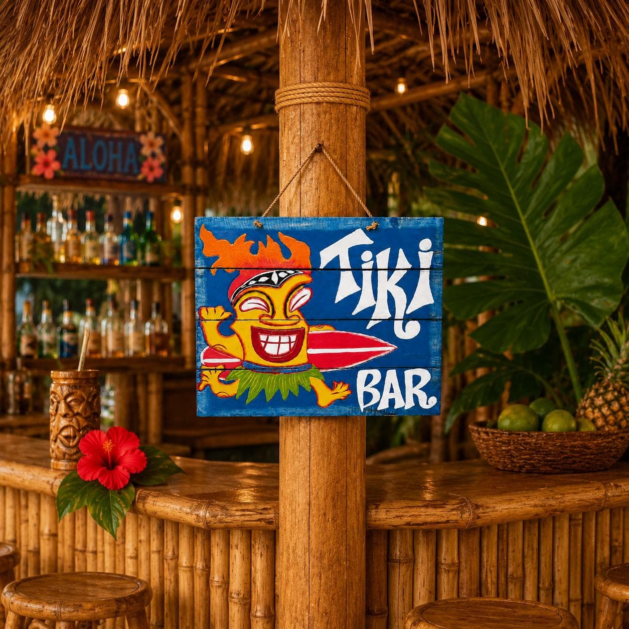 Tiki Bar Sign, Handmade Wooden Tropical Wall Decor, Surfboard Tiki Guy Sign, Pool Bar Decor, Coastal Patio Bar, Beach House Gift - Thumbnail 4