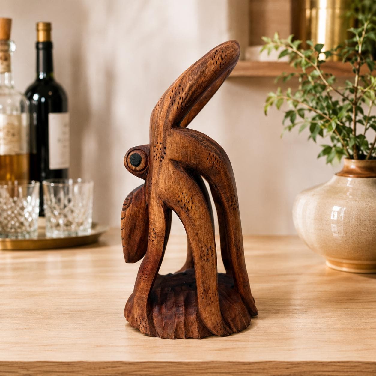 Hand Carved Wooden Octopus Wine Bottle Holder, Coastal Nautical Bar Decor - Thumbnail 5