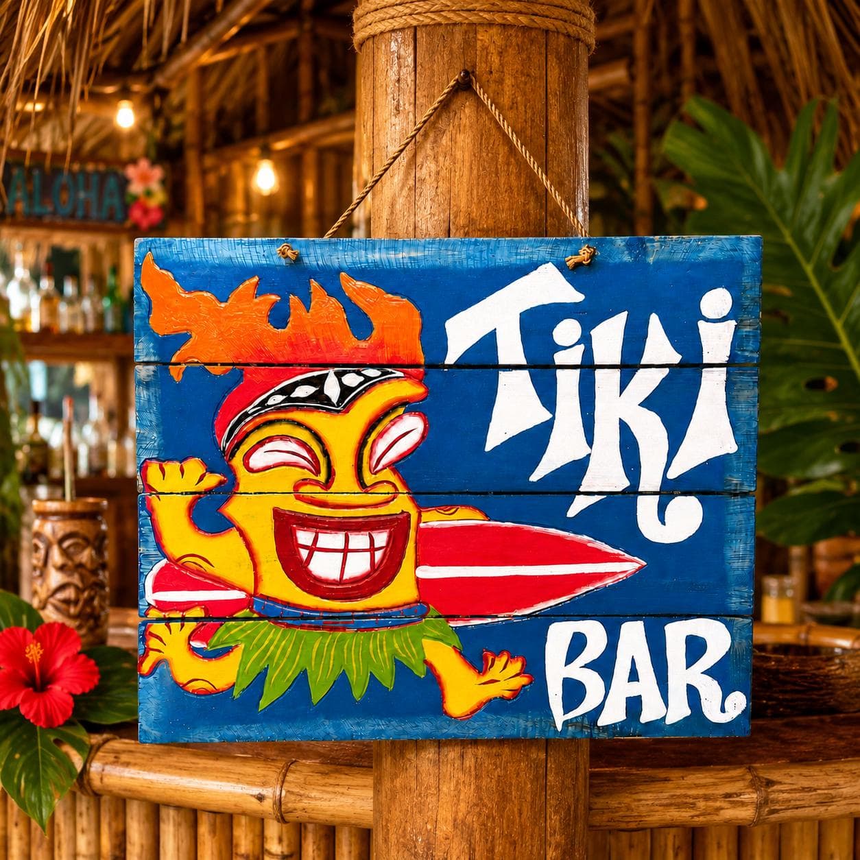 Tiki Bar Sign, Handmade Wooden Tropical Wall Decor, Surfboard Tiki Guy Sign, Pool Bar Decor, Coastal Patio Bar, Beach House Gift - Thumbnail 3