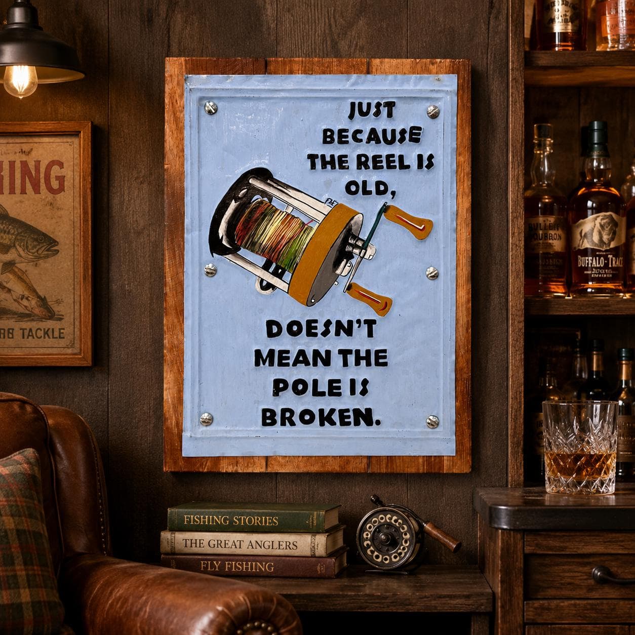 Funny Fishing Reel Sign, Handmade Wood & Metal Wall Decor, “Just because the reel is old, doesn’t mean the pole is broken” Man Cave Tiki Bar - Thumbnail 3