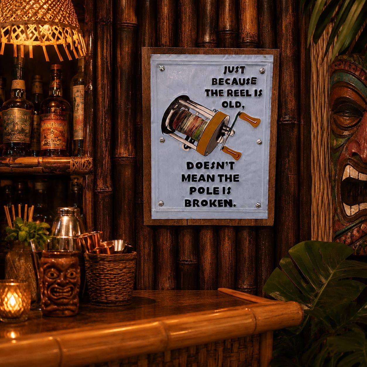 Funny Fishing Reel Sign, Handmade Wood & Metal Wall Decor, “Just because the reel is old, doesn’t mean the pole is broken” Man Cave Tiki Bar - Thumbnail 6