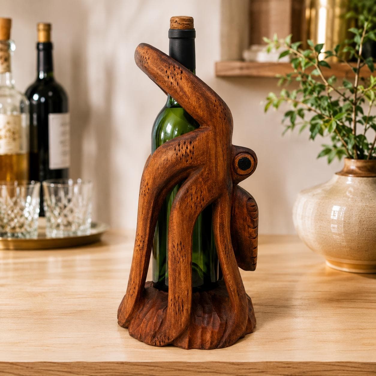 Hand Carved Wooden Octopus Wine Bottle Holder, Coastal Nautical Bar Decor - Thumbnail 8