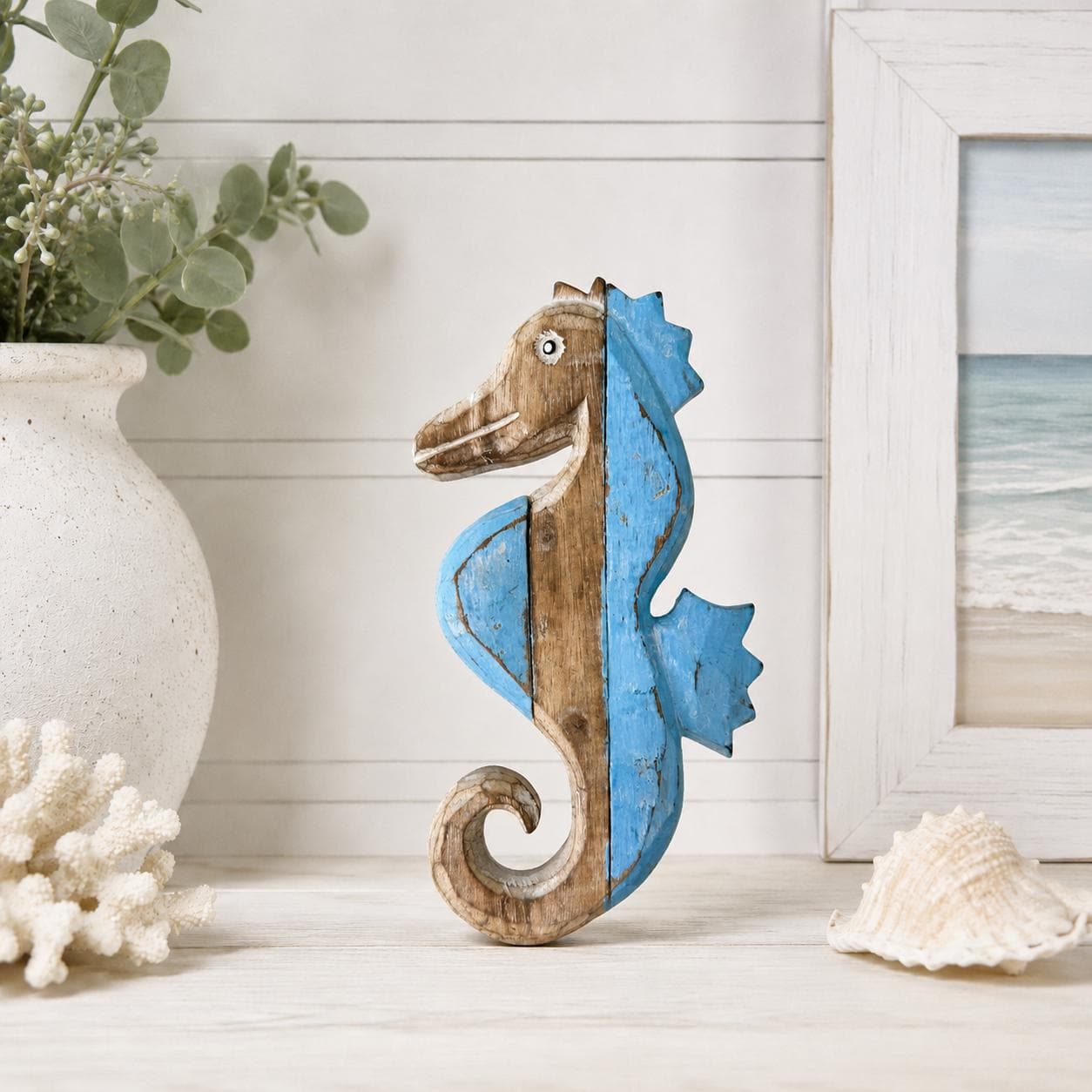 Hand Carved Wooden Seahorse Wall Decor, 10 Inch Coastal Art in Blue or Teal - Thumbnail 6