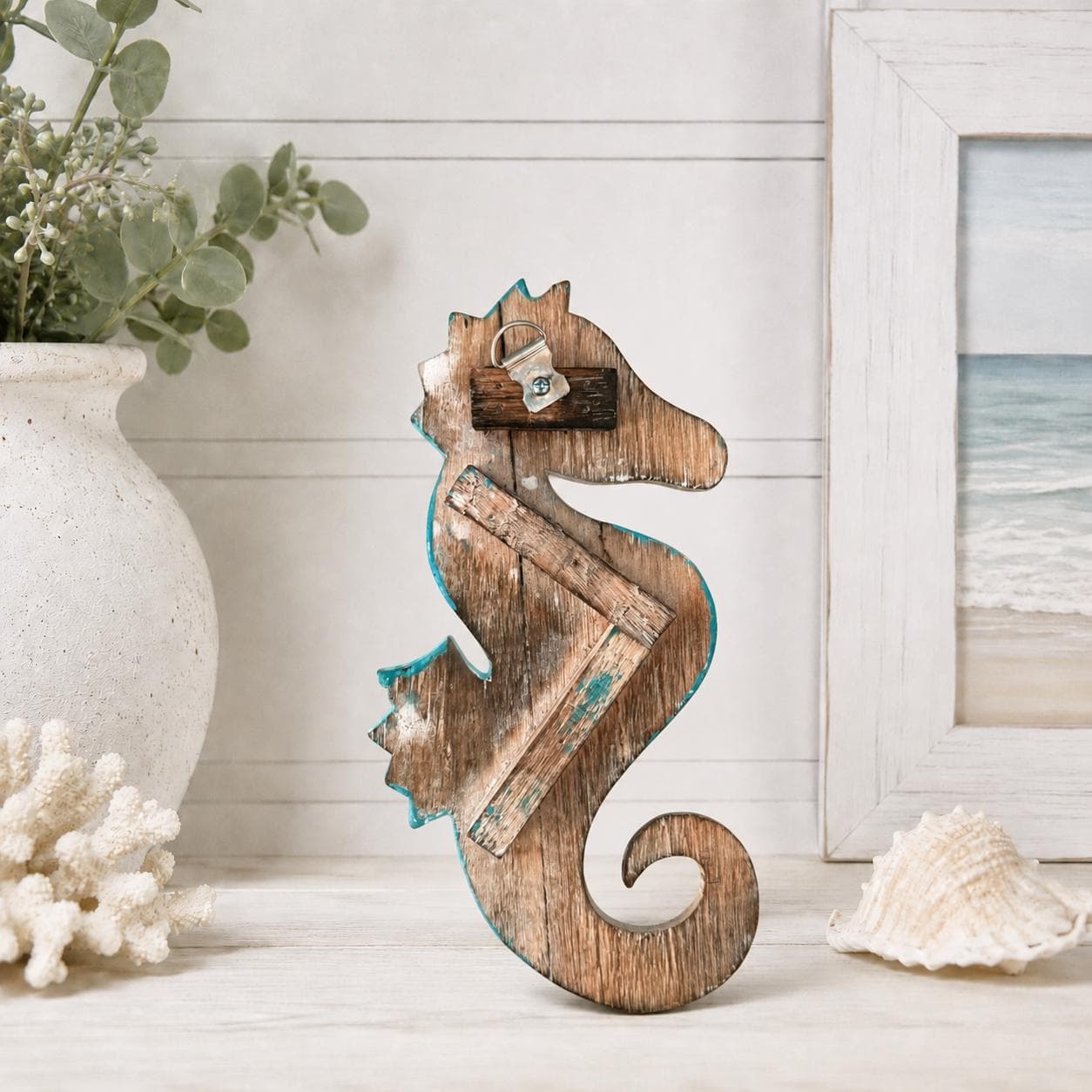 Hand Carved Wooden Seahorse Wall Decor, 10 Inch Coastal Art in Blue or Teal - Thumbnail 7