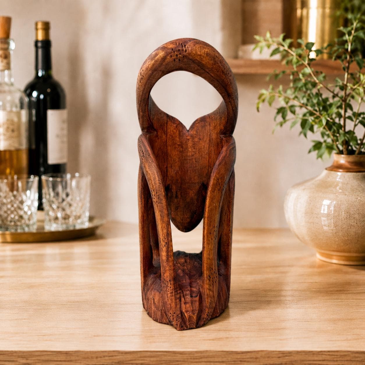 Hand Carved Wooden Octopus Wine Bottle Holder, Coastal Nautical Bar Decor - Thumbnail 6