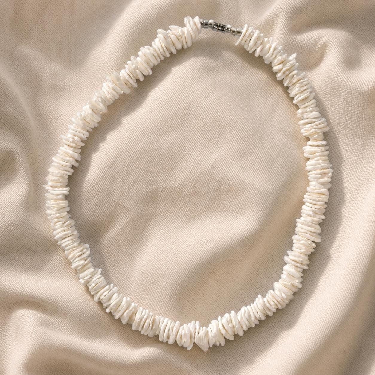 Handmade Puka Shell Chip Necklace – 18" White Beach Surfer Necklace with Barrel Clasp - Thumbnail 4