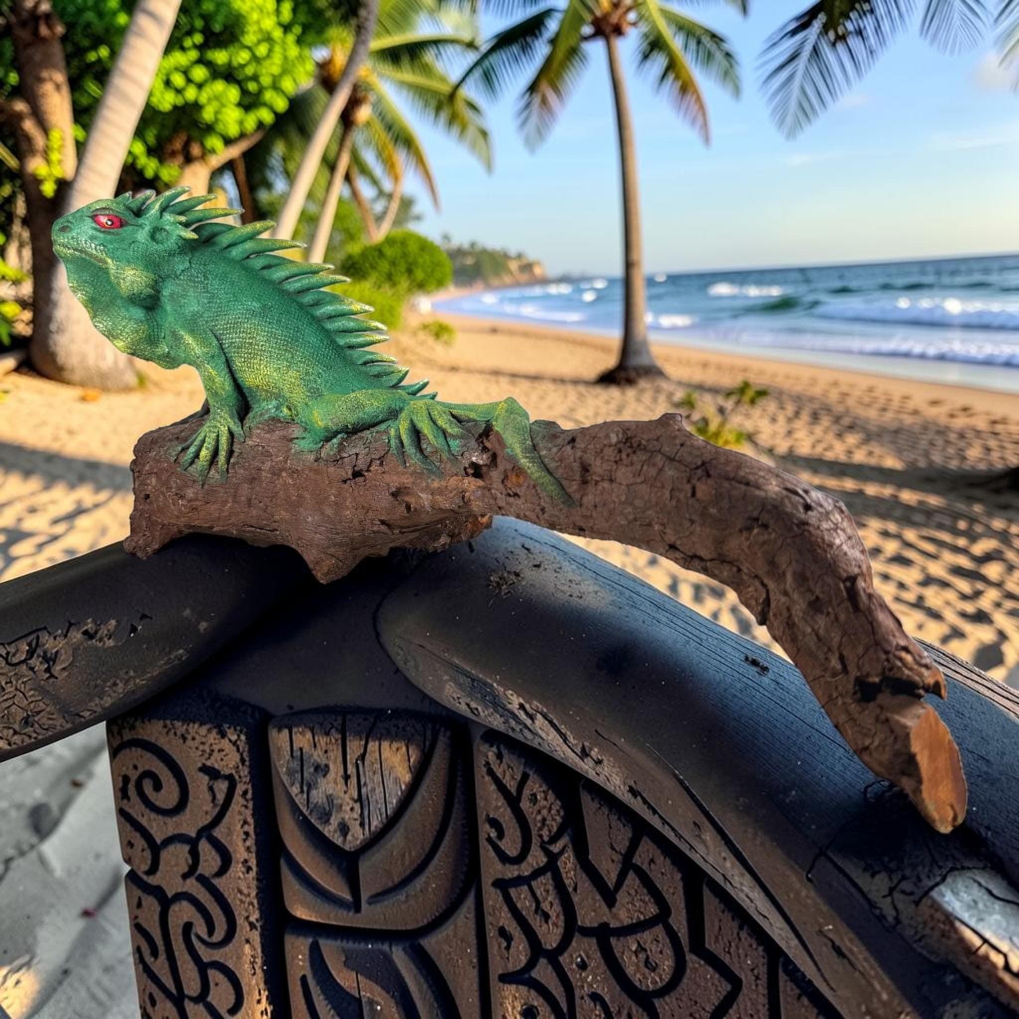 Handmade Iguana Sculpture on Teak Wood | Coastal Tiki Decor | Hand Painted Lizard Figurine | Tropical Beach House Decor | Unique Gift - Thumbnail 5