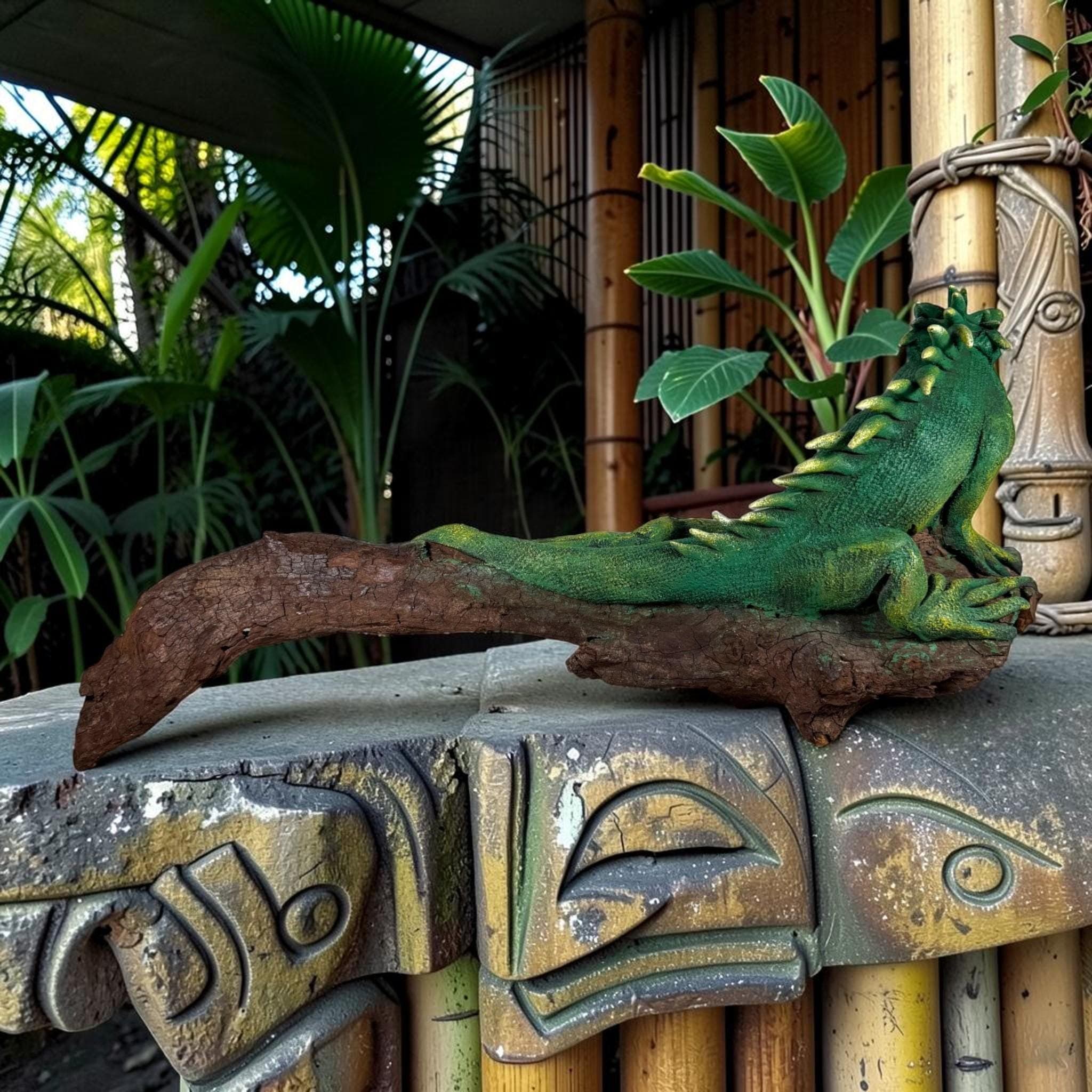 Handmade Iguana Sculpture on Teak Wood | Coastal Tiki Decor | Hand Painted Lizard Figurine | Tropical Beach House Decor | Unique Gift - Thumbnail 2