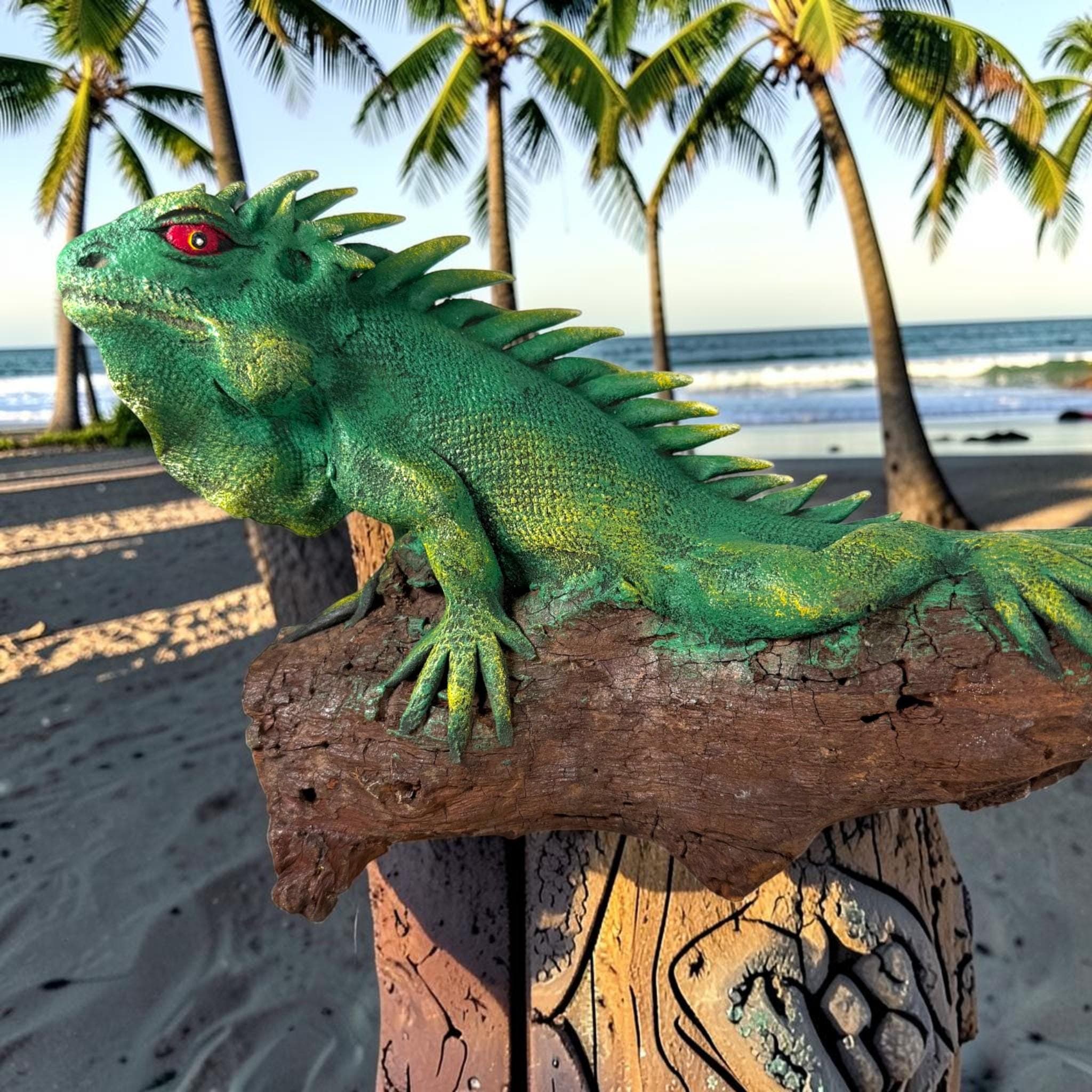 Handmade Iguana Sculpture on Teak Wood | Coastal Tiki Decor | Hand Painted Lizard Figurine | Tropical Beach House Decor | Unique Gift - Thumbnail 6