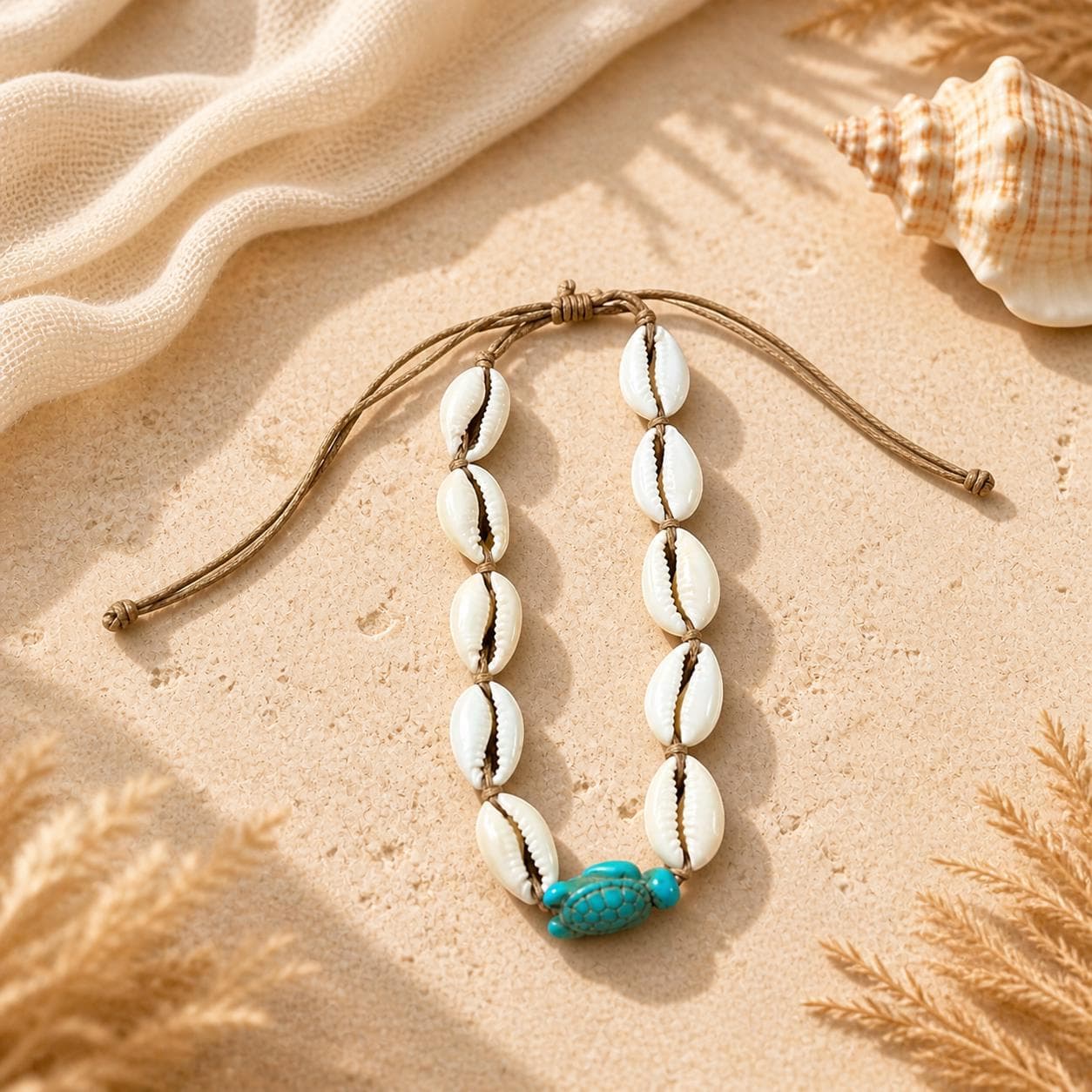 Handmade Cowrie Shell Turtle Anklet – Adjustable Beach Anklet with Turquoise Turtle Charm in 5 Colors - Thumbnail 7