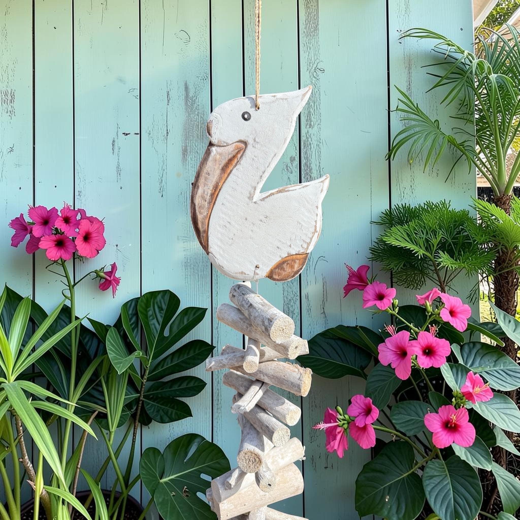 Pelican Driftwood Wind Chime Coastal Decor, Beach House Wall Hanging, Nautical Pelican Decor, Tropical Outdoor Wind Chime, Driftwood Art - Thumbnail 2
