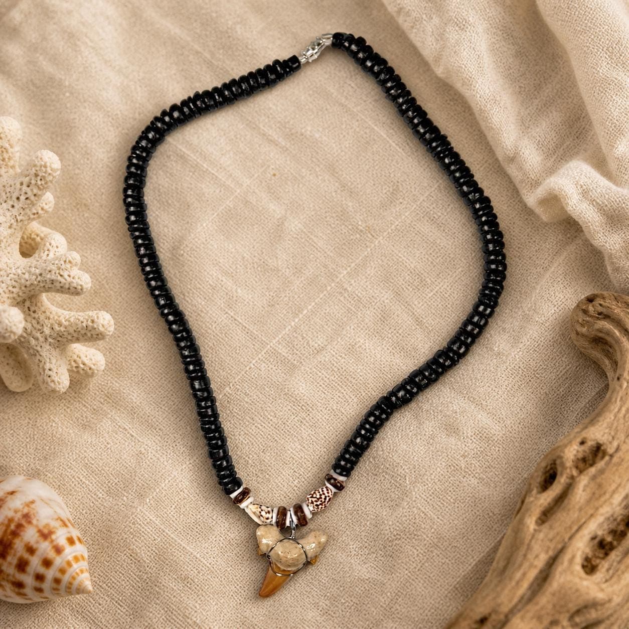 Handmade Shark Tooth Necklace – Real Tooth Pendant with Wood & Shell Beads - Thumbnail 4