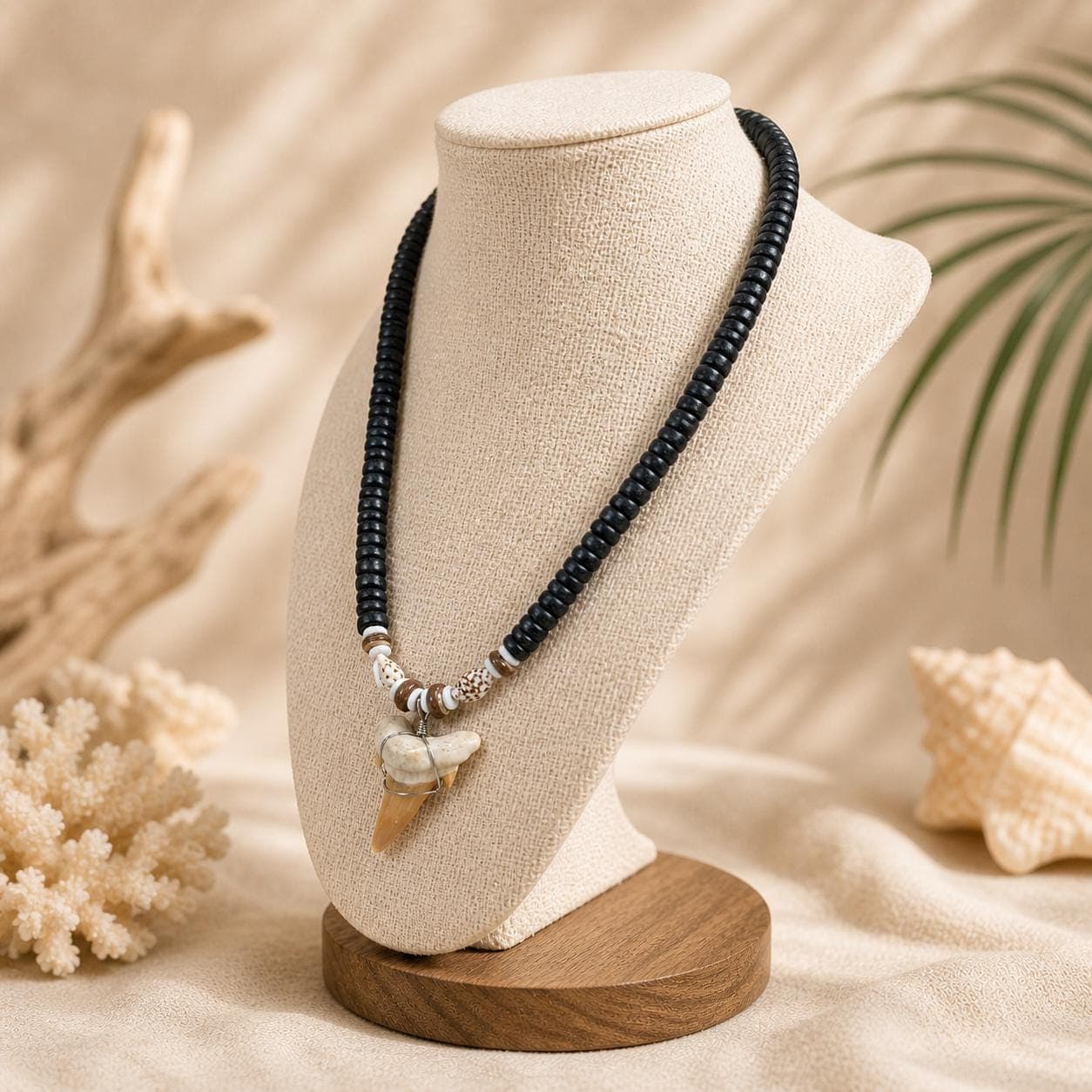 Handmade Shark Tooth Necklace – Real Tooth Pendant with Wood & Shell Beads - Thumbnail 3
