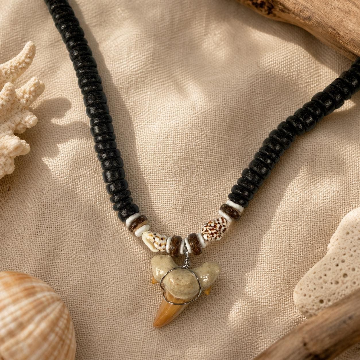 Handmade Shark Tooth Necklace – Real Tooth Pendant with Wood & Shell Beads - Thumbnail 5