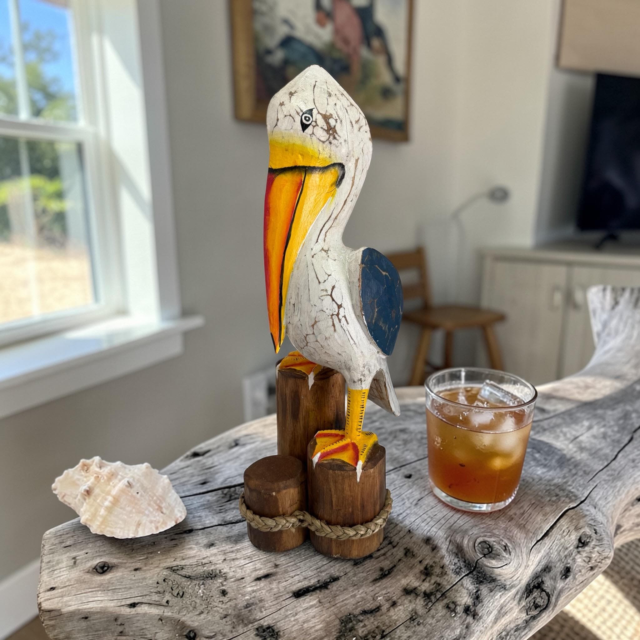 Hand Carved Wooden Pelican Statue | Rustic Coastal Beach Decor Figurine - Thumbnail 4