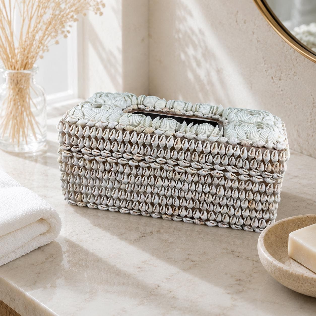 Seashell Tissue Box Cover | Handmade Coastal Decor | Beach House Napkin Holder | Boho Nautical Bathroom - Thumbnail 4