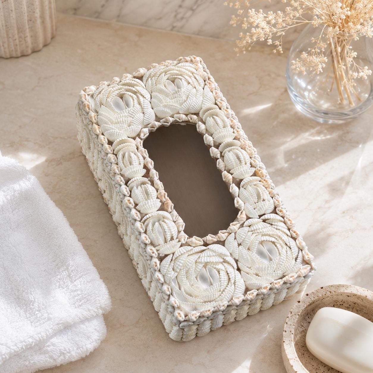 Seashell Tissue Box Cover | Handmade Coastal Decor | Beach House Napkin Holder | Boho Nautical Bathroom - Thumbnail 3