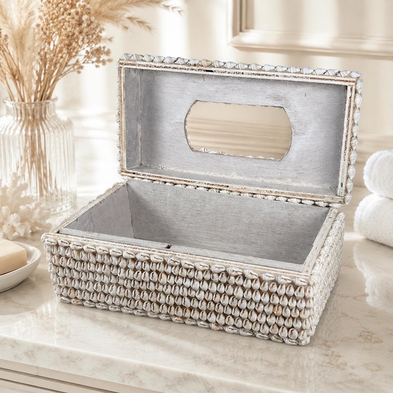 Seashell Tissue Box Cover | Handmade Coastal Decor | Beach House Napkin Holder | Boho Nautical Bathroom - Thumbnail 5