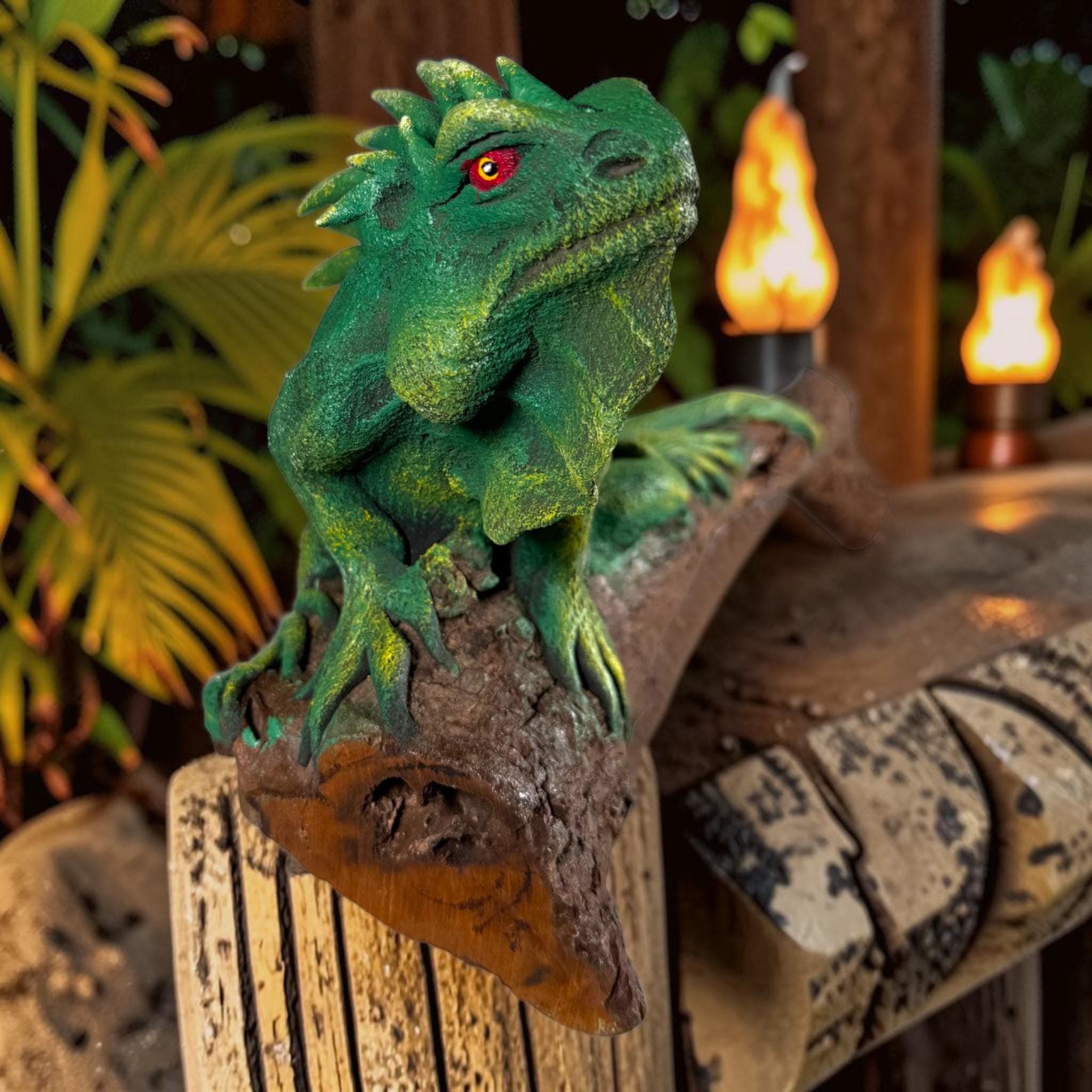 Handmade Iguana Sculpture on Teak Wood | Coastal Tiki Decor | Hand Painted Lizard Figurine | Tropical Beach House Decor | Unique Gift - Thumbnail 4