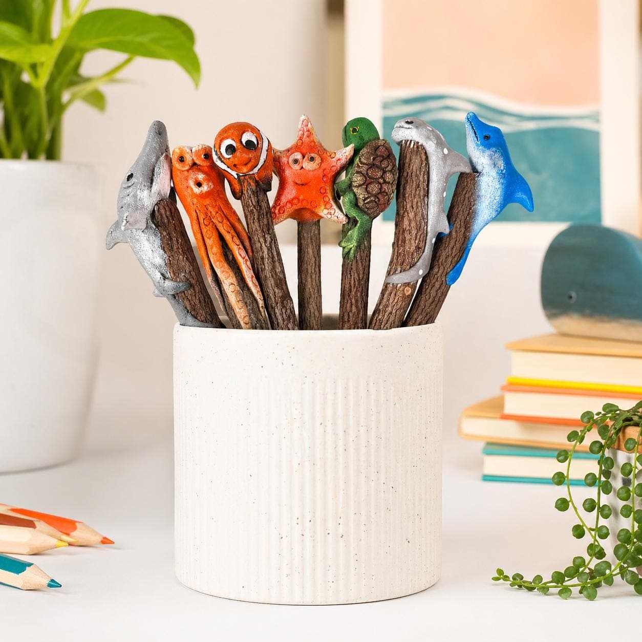 Handmade Sea Animal Twig Pencils – Natural Branch Pencils with Hand‑Painted Ocean Creature Toppers - Thumbnail 2