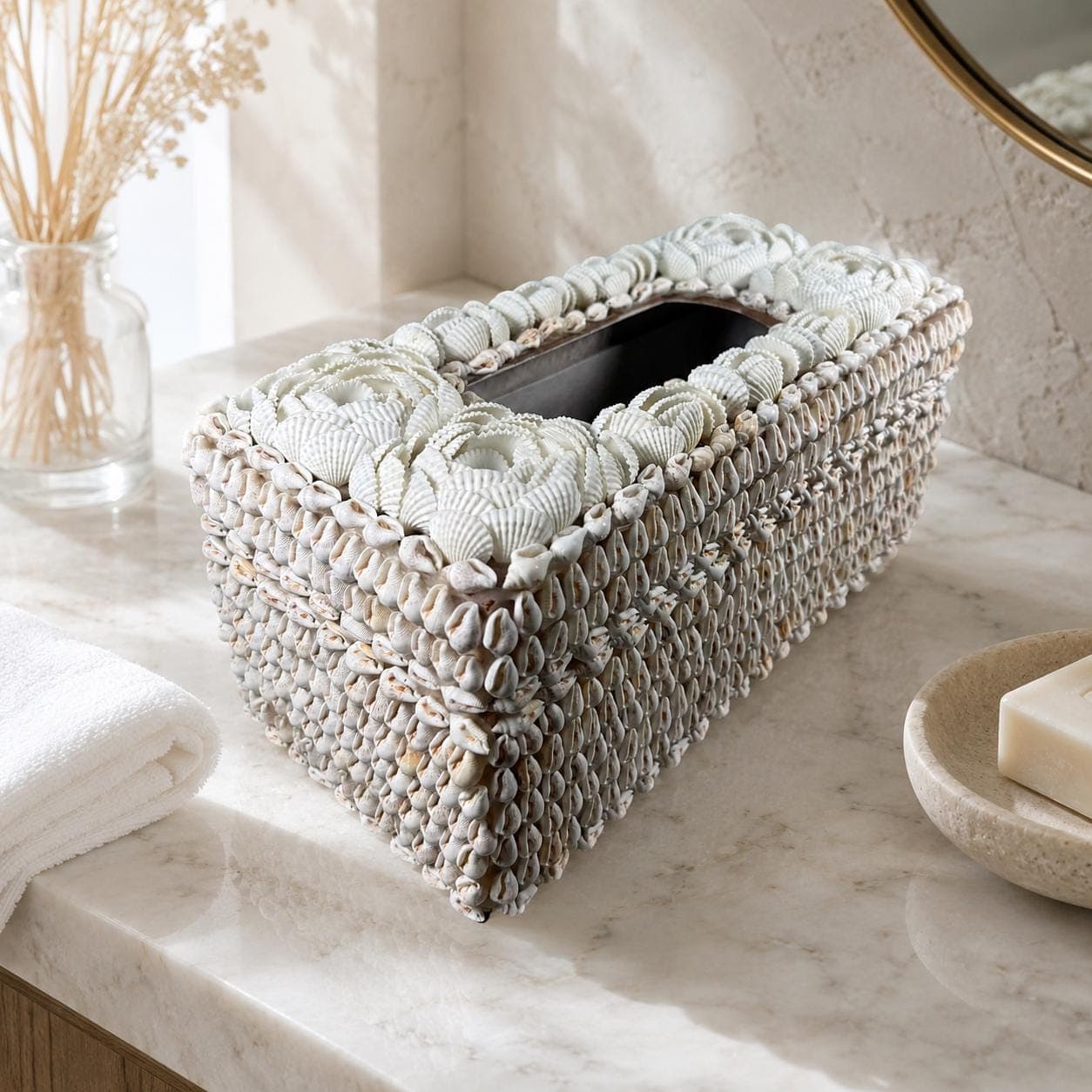 Seashell Tissue Box Cover | Handmade Coastal Decor | Beach House Napkin Holder | Boho Nautical Bathroom - Thumbnail 2