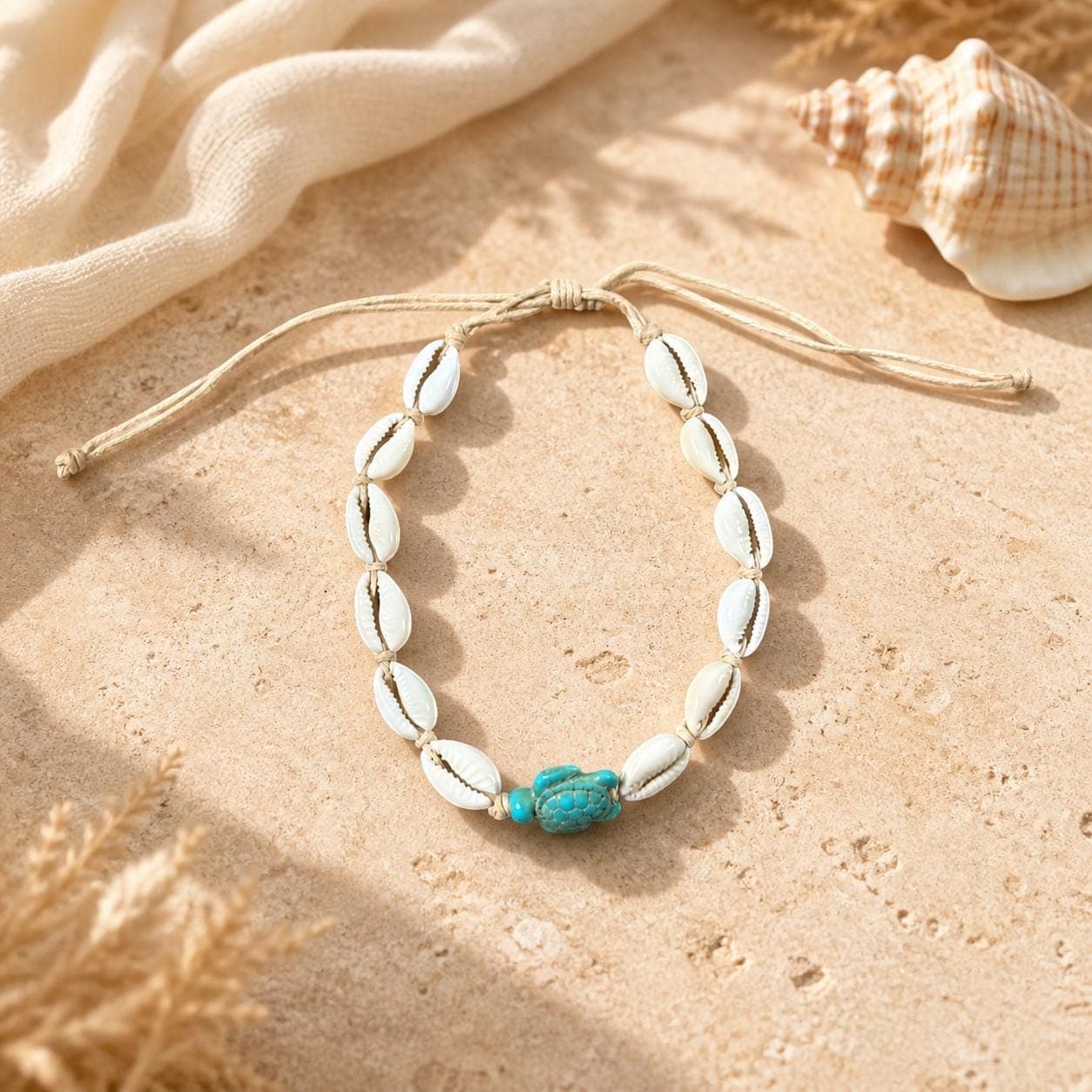 Handmade Cowrie Shell Turtle Anklet – Adjustable Beach Anklet with Turquoise Turtle Charm in 5 Colors - Thumbnail 6