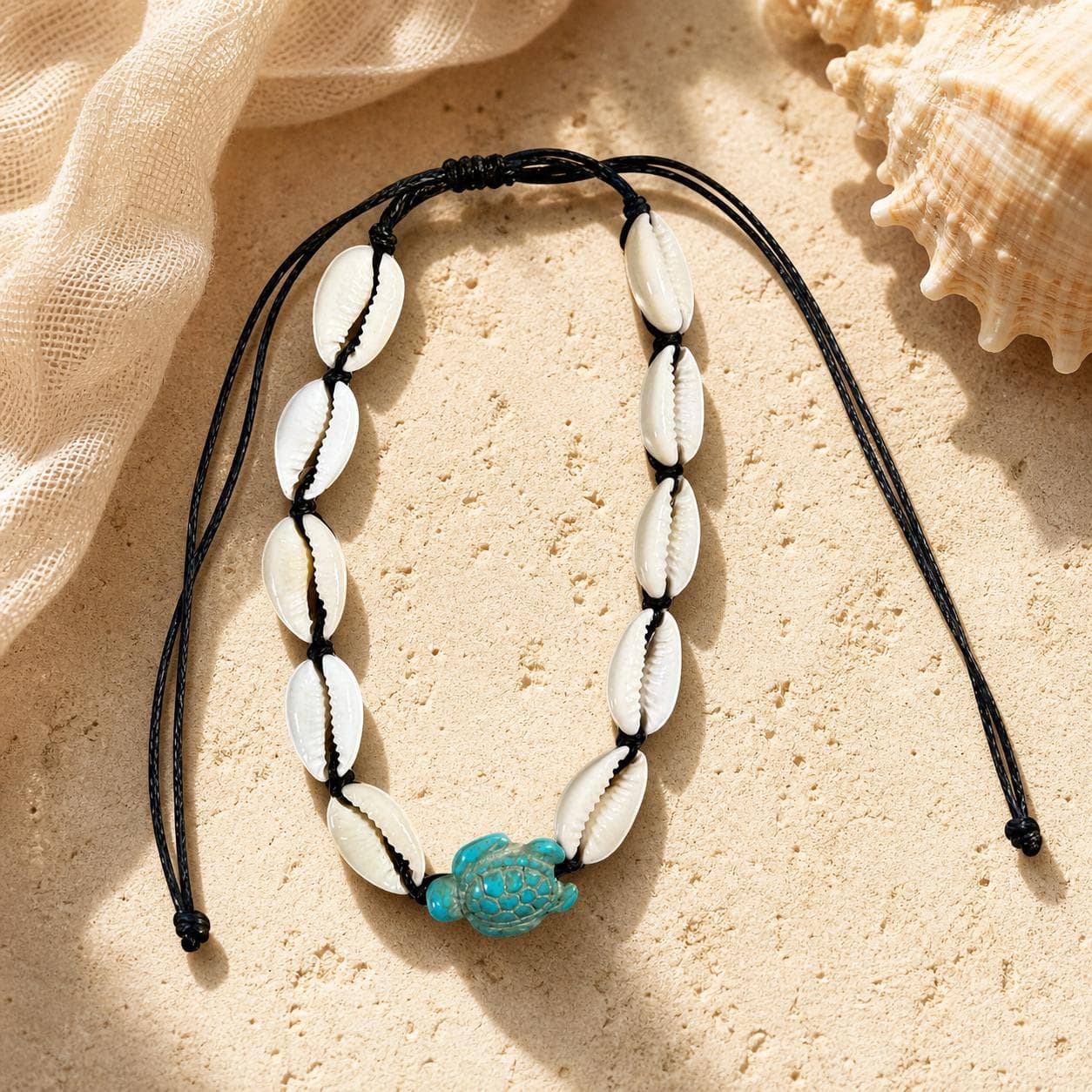 Handmade Cowrie Shell Turtle Anklet – Adjustable Beach Anklet with Turquoise Turtle Charm in 5 Colors - Thumbnail 3