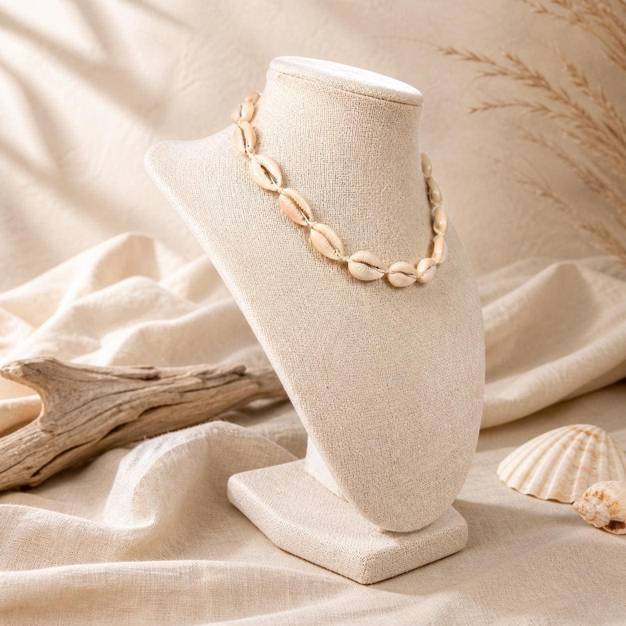 Handmade Cowrie Shell Choker – Natural Tan Cord Beach Necklace, Adjustable 14 – 15.5 inches - Thumbnail 4