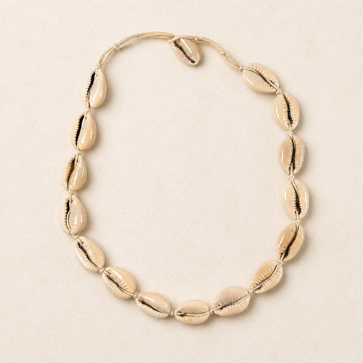 Handmade Cowrie Shell Choker – Natural Tan Cord Beach Necklace, Adjustable 14 – 15.5 inches - Thumbnail 2