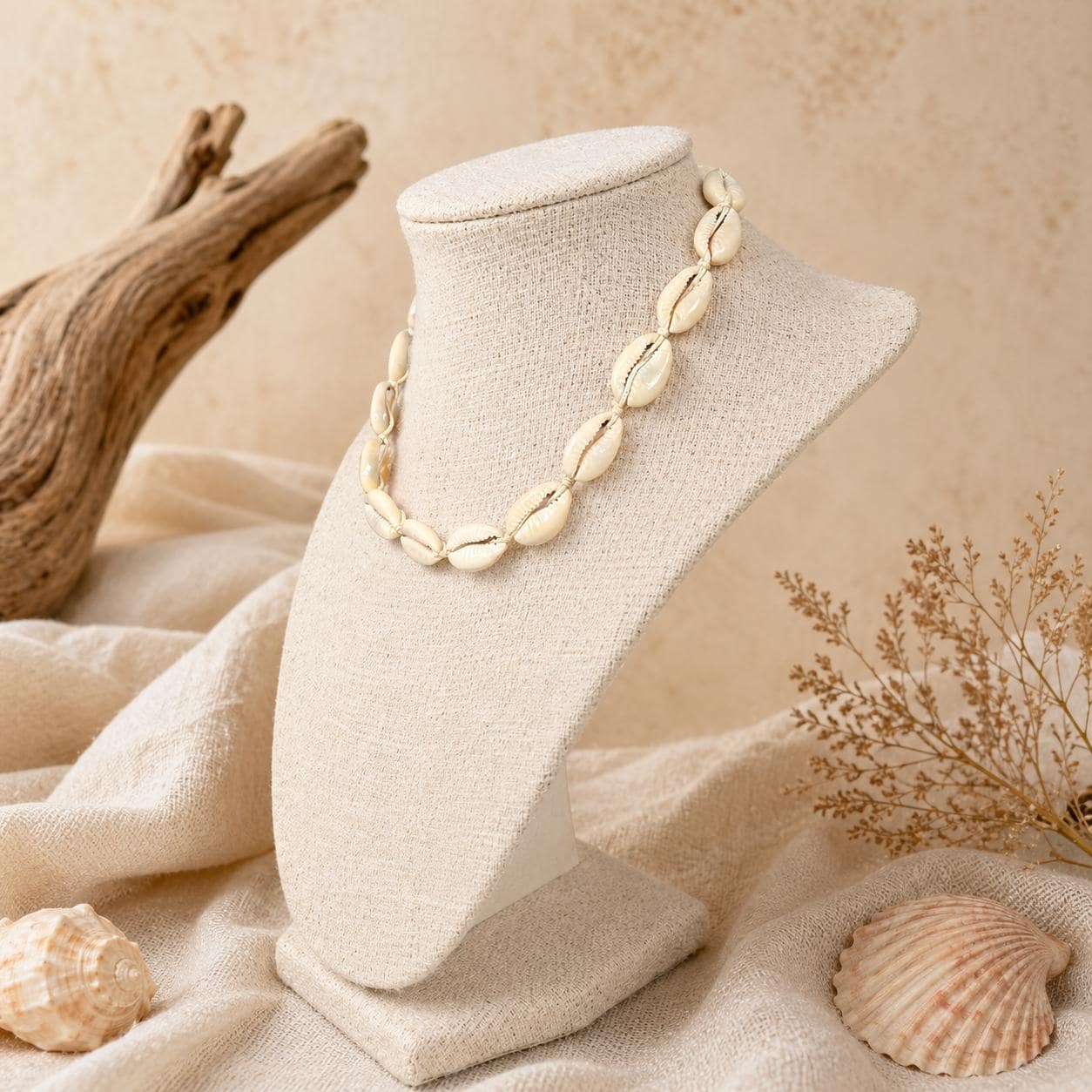 Handmade Cowrie Shell Choker – Natural Tan Cord Beach Necklace, Adjustable 14 – 15.5 inches - Thumbnail 3