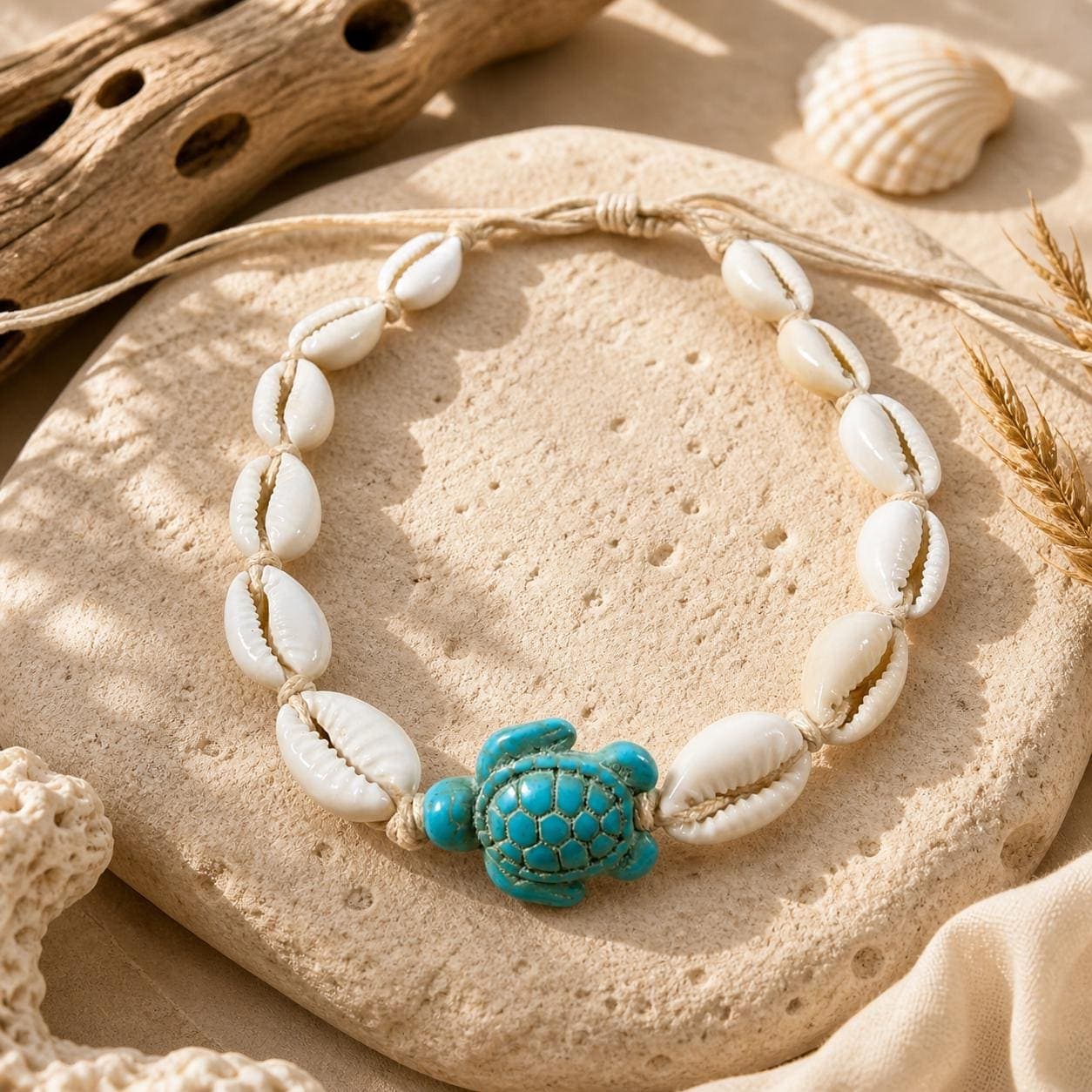 Handmade Cowrie Shell Turtle Anklet – Adjustable Beach Anklet with Turquoise Turtle Charm in 5 Colors - Thumbnail 8