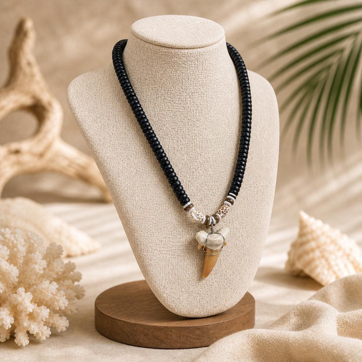 Handmade Shark Tooth Necklace – Real Tooth Pendant with Wood & Shell Beads - Thumbnail 2