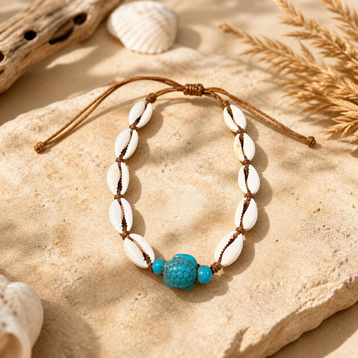 Handmade Cowrie Shell Turtle Anklet – Adjustable Beach Anklet with Turquoise Turtle Charm in 5 Colors - Thumbnail 4