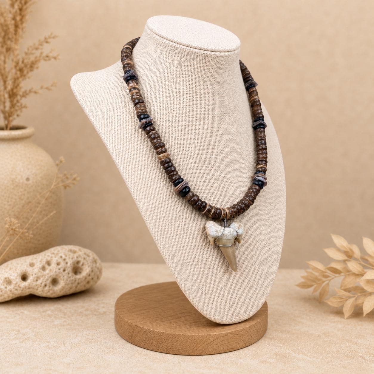 Handmade Shark Tooth Necklace | Real Shark Tooth Pendant, Wood & Shell Beads, Coastal Boho Surf Jewelry 18" - Thumbnail 2