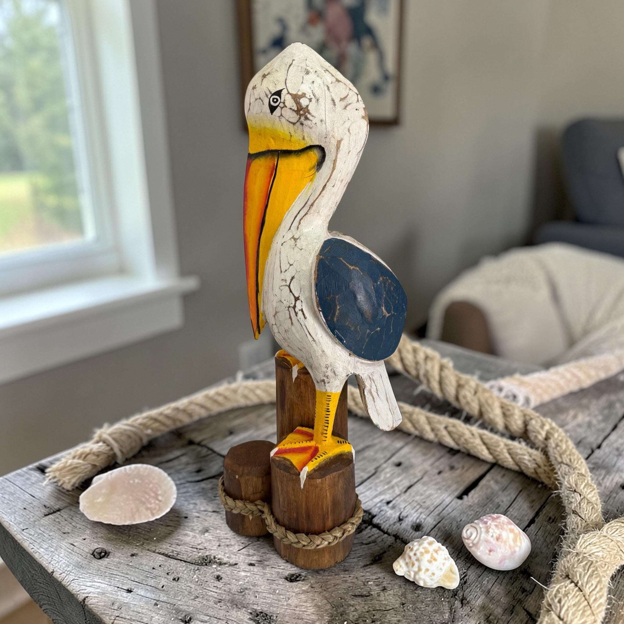 Hand Carved Wooden Pelican Statue | Rustic Coastal Beach Decor Figurine - Thumbnail 2
