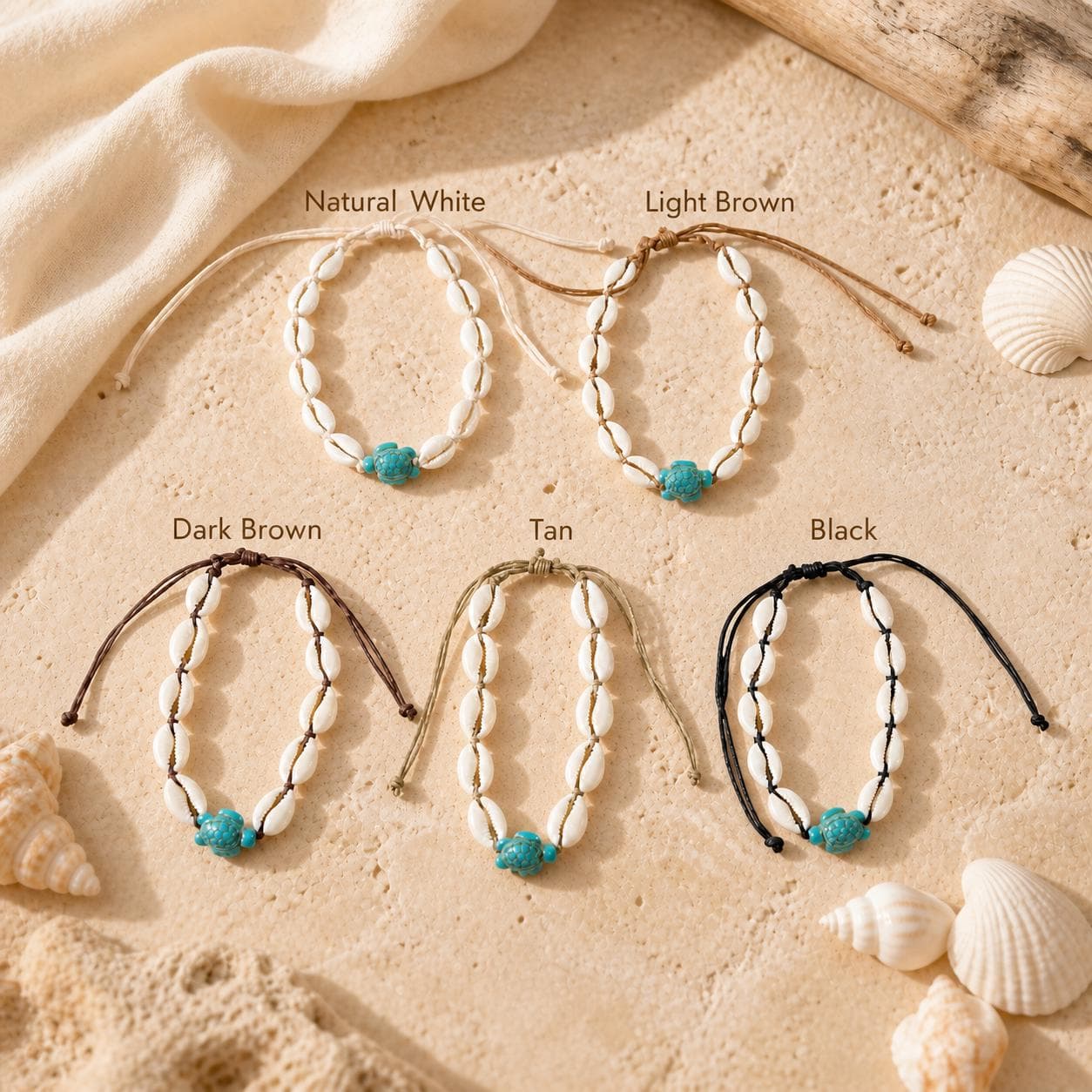 Handmade Cowrie Shell Turtle Anklet – Adjustable Beach Anklet with Turquoise Turtle Charm in 5 Colors - Thumbnail 9