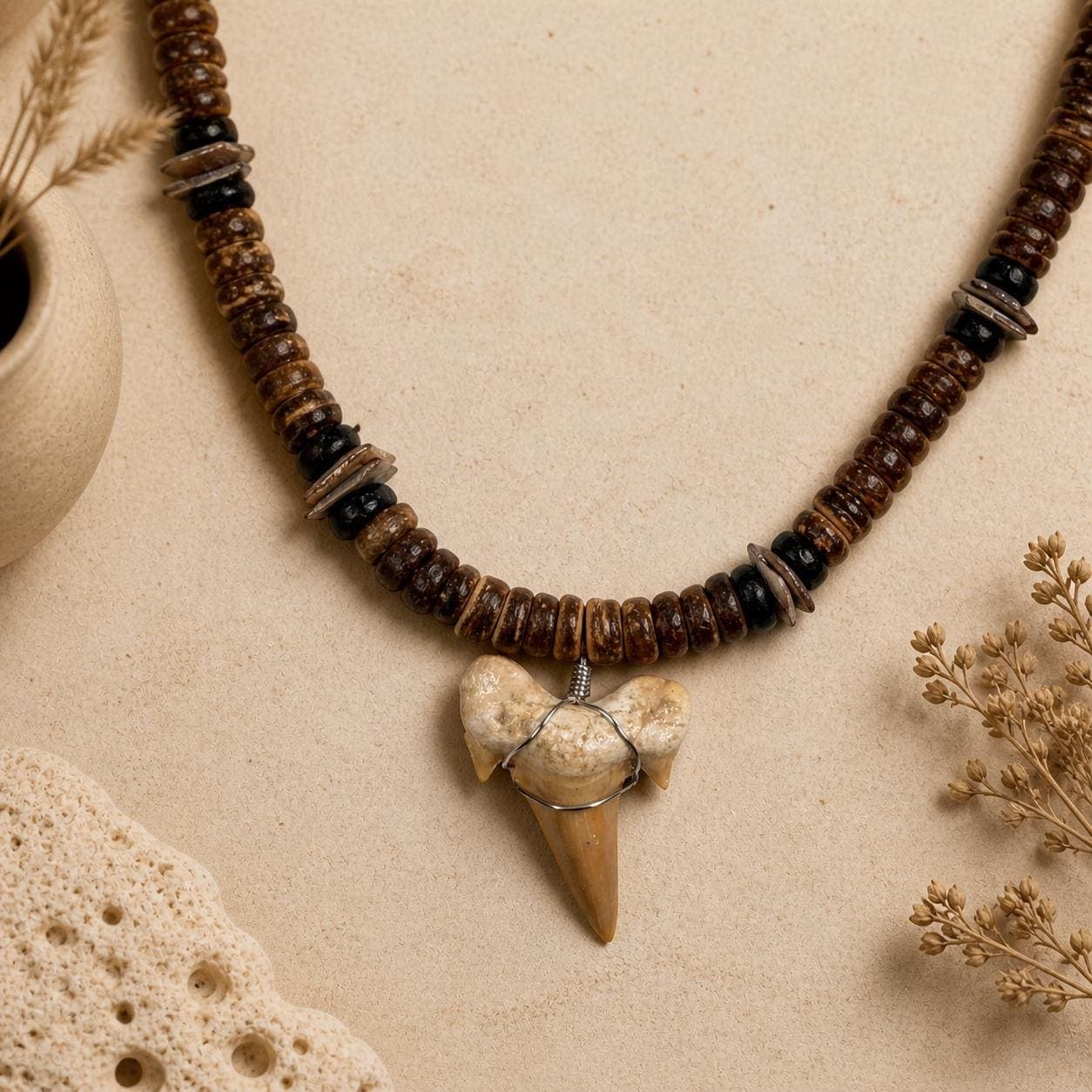 Handmade Shark Tooth Necklace | Real Shark Tooth Pendant, Wood & Shell Beads, Coastal Boho Surf Jewelry 18" - Thumbnail 5
