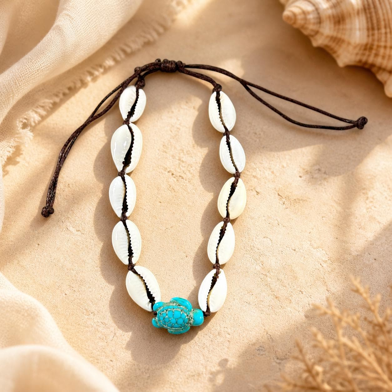 Handmade Cowrie Shell Turtle Anklet – Adjustable Beach Anklet with Turquoise Turtle Charm in 5 Colors - Thumbnail 5