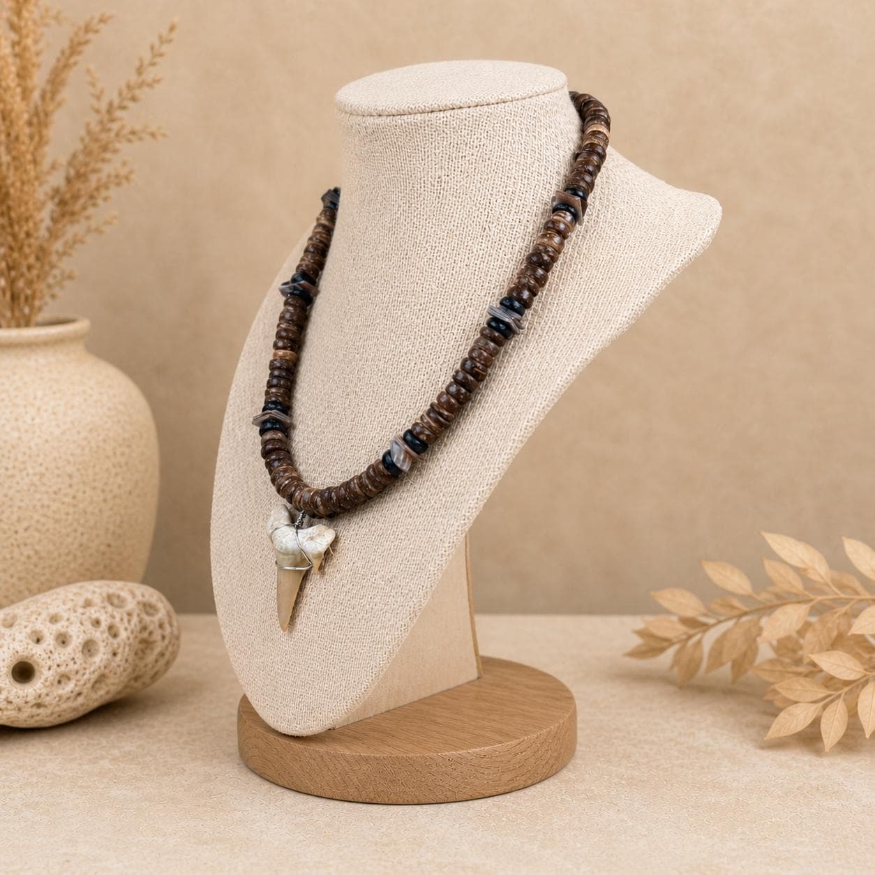 Handmade Shark Tooth Necklace | Real Shark Tooth Pendant, Wood & Shell Beads, Coastal Boho Surf Jewelry 18" - Thumbnail 3