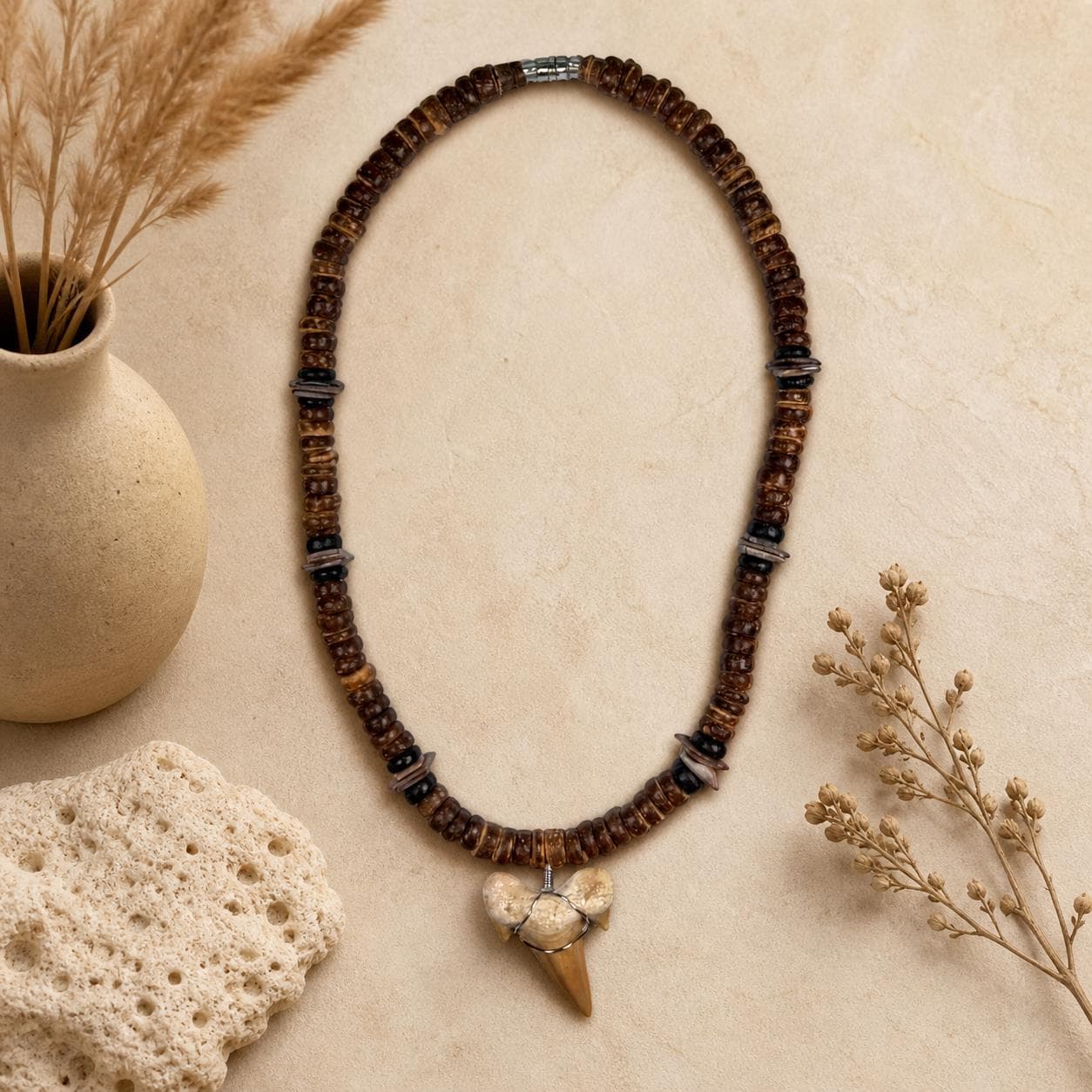 Handmade Shark Tooth Necklace | Real Shark Tooth Pendant, Wood & Shell Beads, Coastal Boho Surf Jewelry 18" - Thumbnail 4