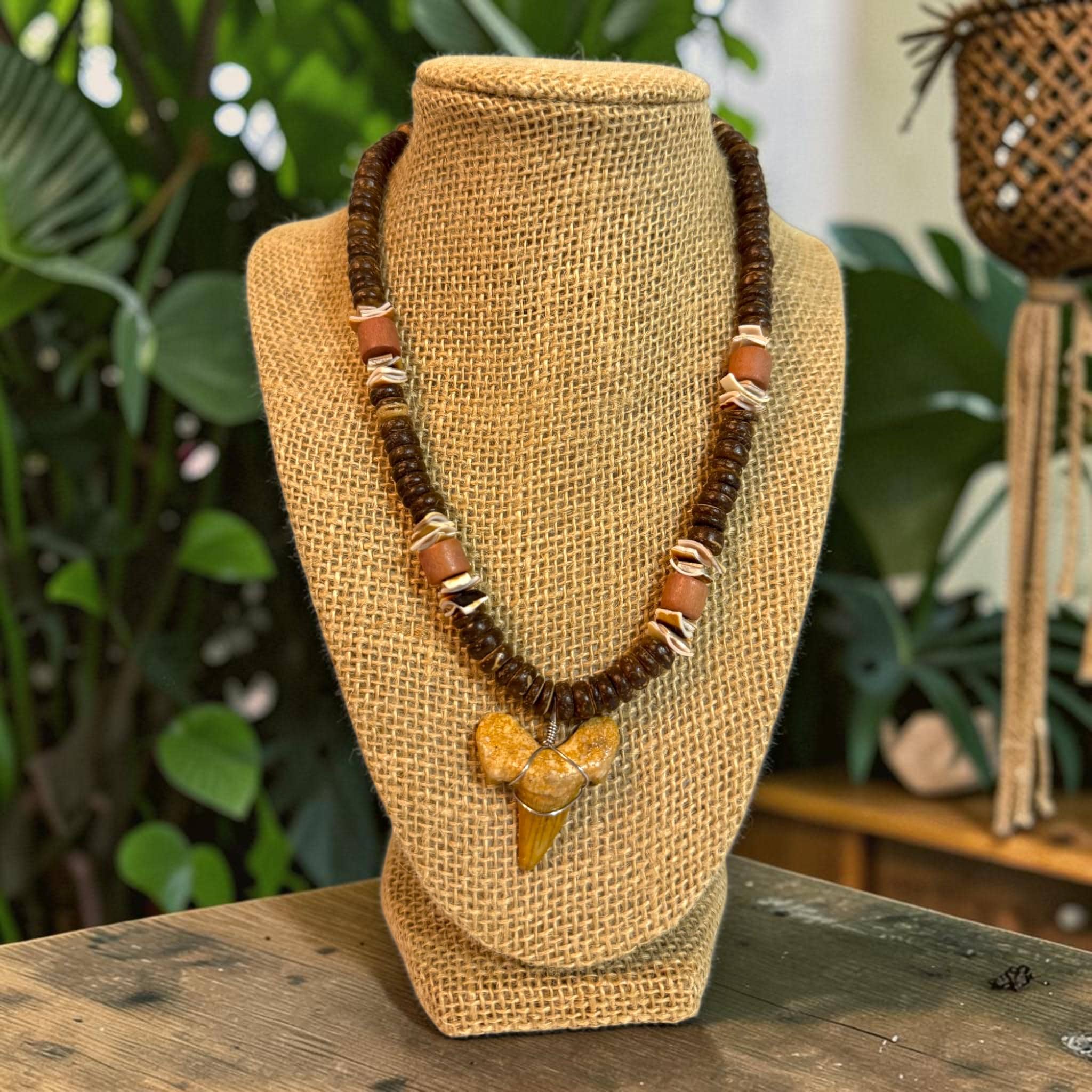 Shark Tooth Necklace | 18" Coastal Boho Shell Bead Surf Pendant - Thumbnail 2