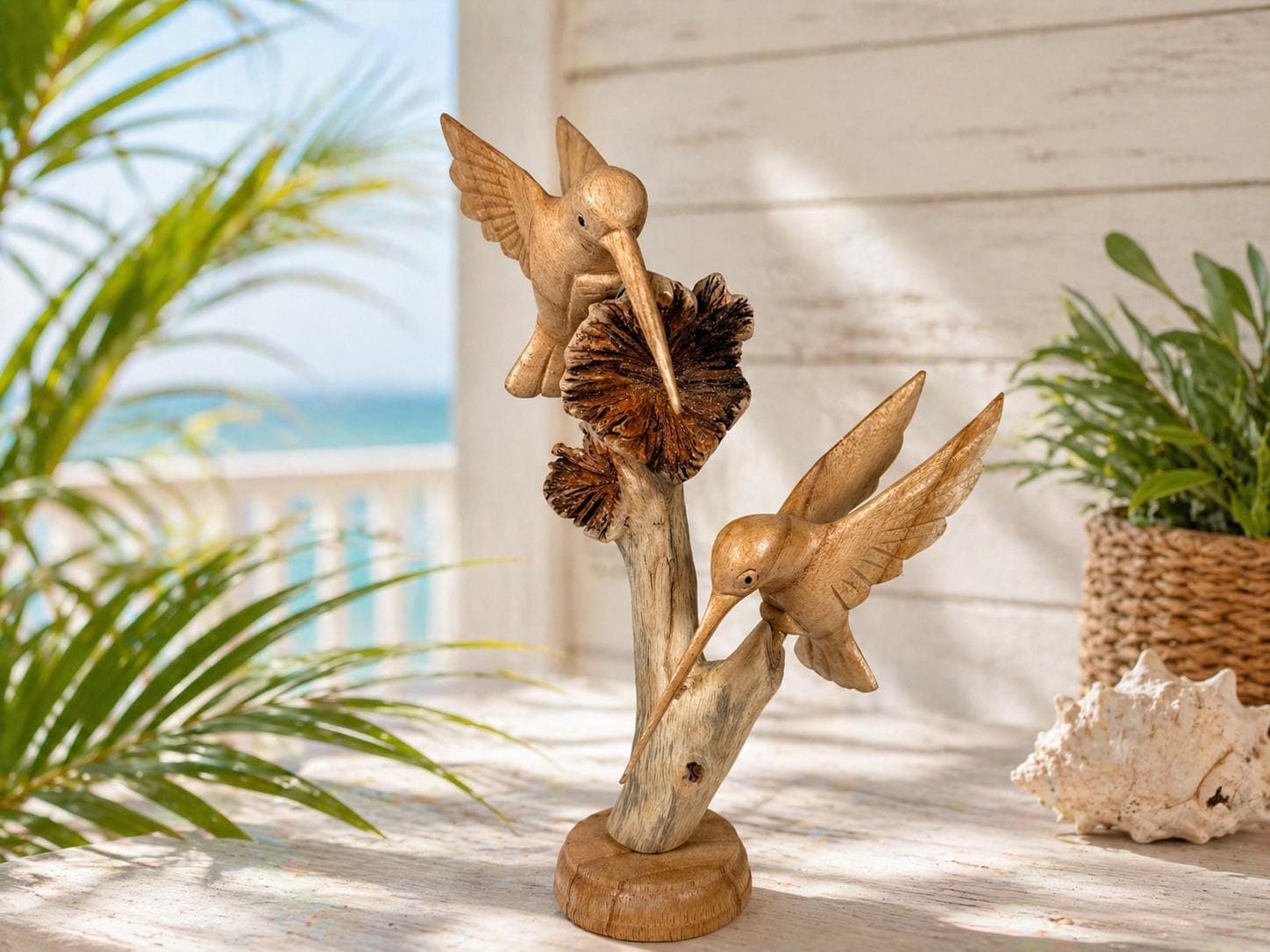 Hand Carved Wooden Hummingbird Sculpture on Natural Wood Base – Bird Figurine, Rustic Home Decor, Nature Wood Carving, Unique Gift