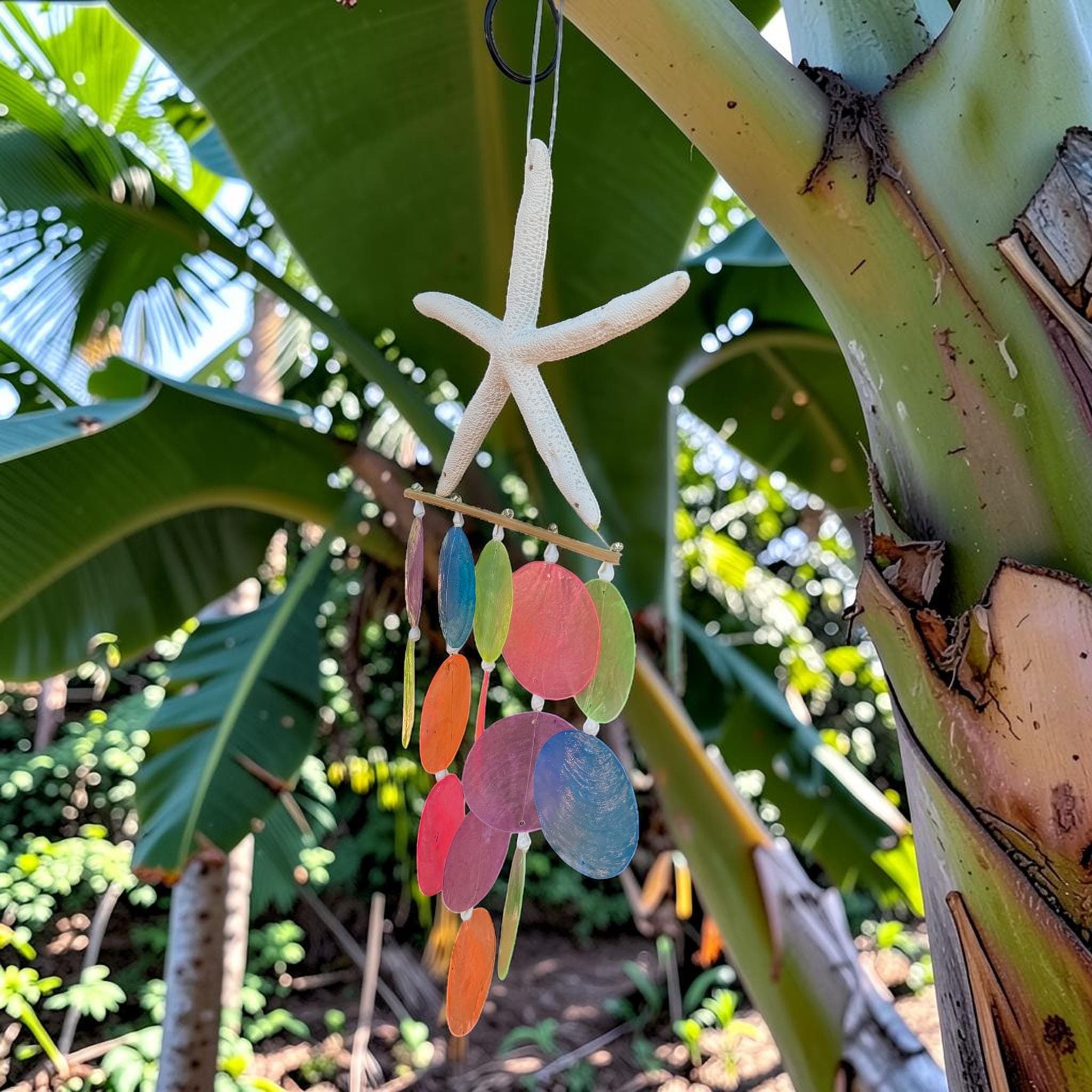 Colorful Capiz Shell Wind Chime with Starfish | Handmade Coastal Boho Decor - Thumbnail 3