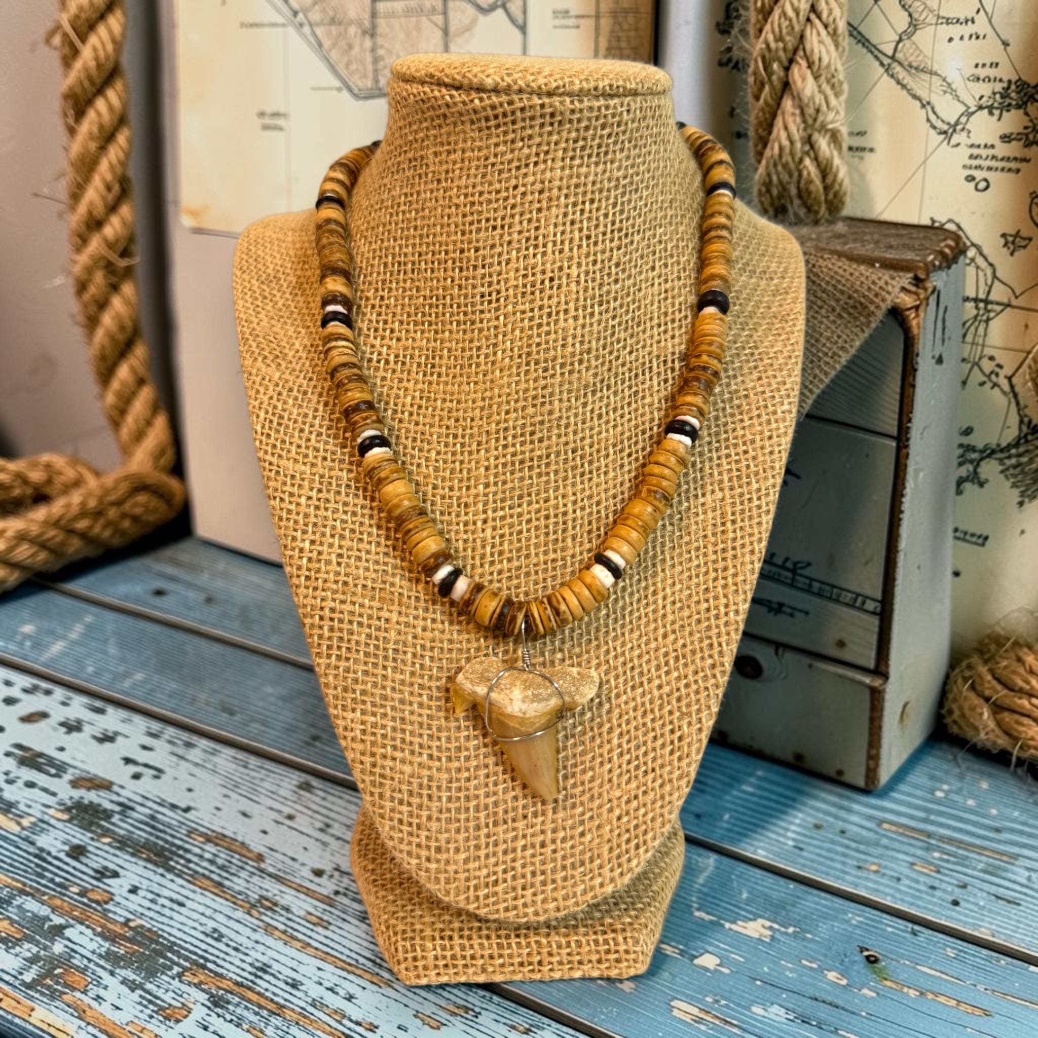 Shark Tooth Necklace | 18" Coastal Boho Shell Bead Surf Pendant - Thumbnail 2