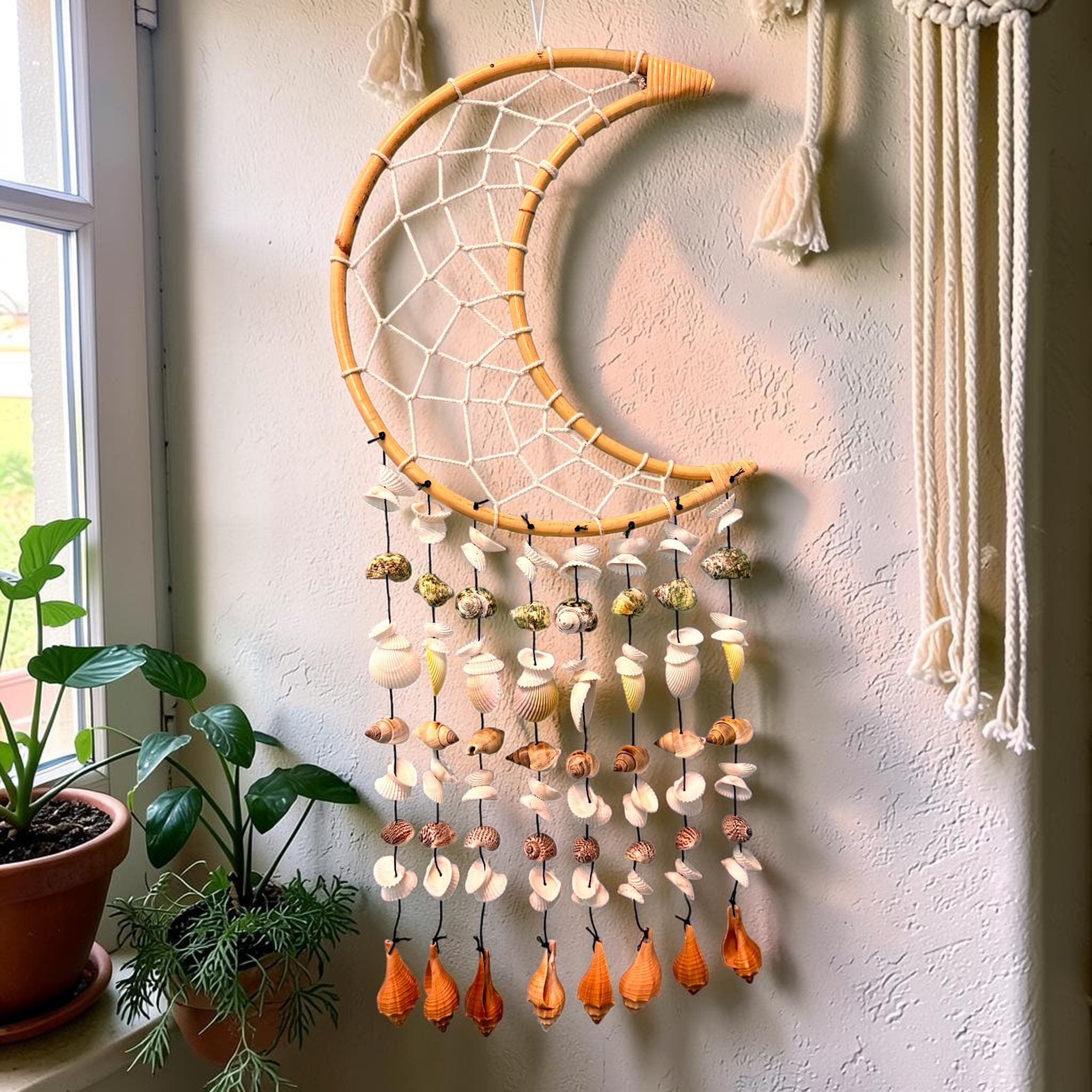 Boho Moon Dreamcatcher Wind Chime with Seashells | Coastal Wall Hanging, Beach Decor