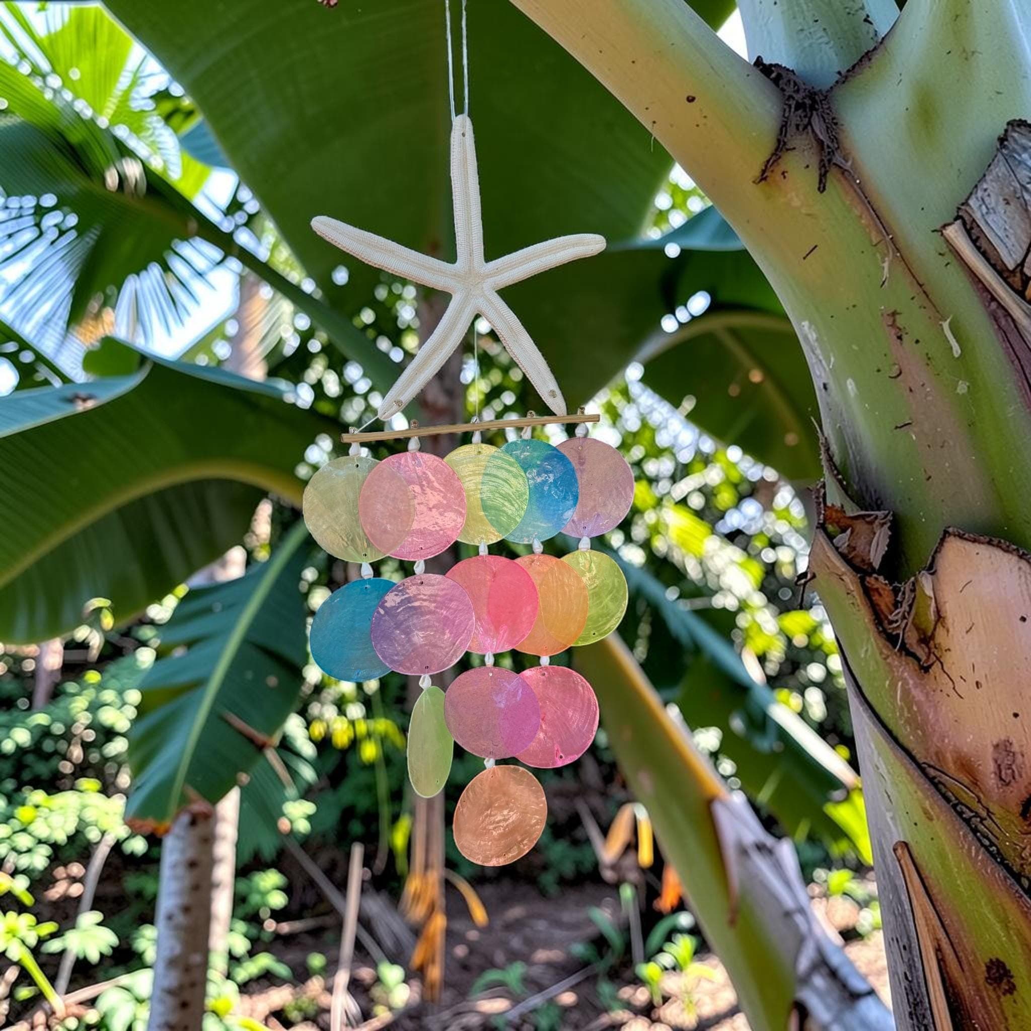 Colorful Capiz Shell Wind Chime with Starfish | Handmade Coastal Boho Decor - Thumbnail 2