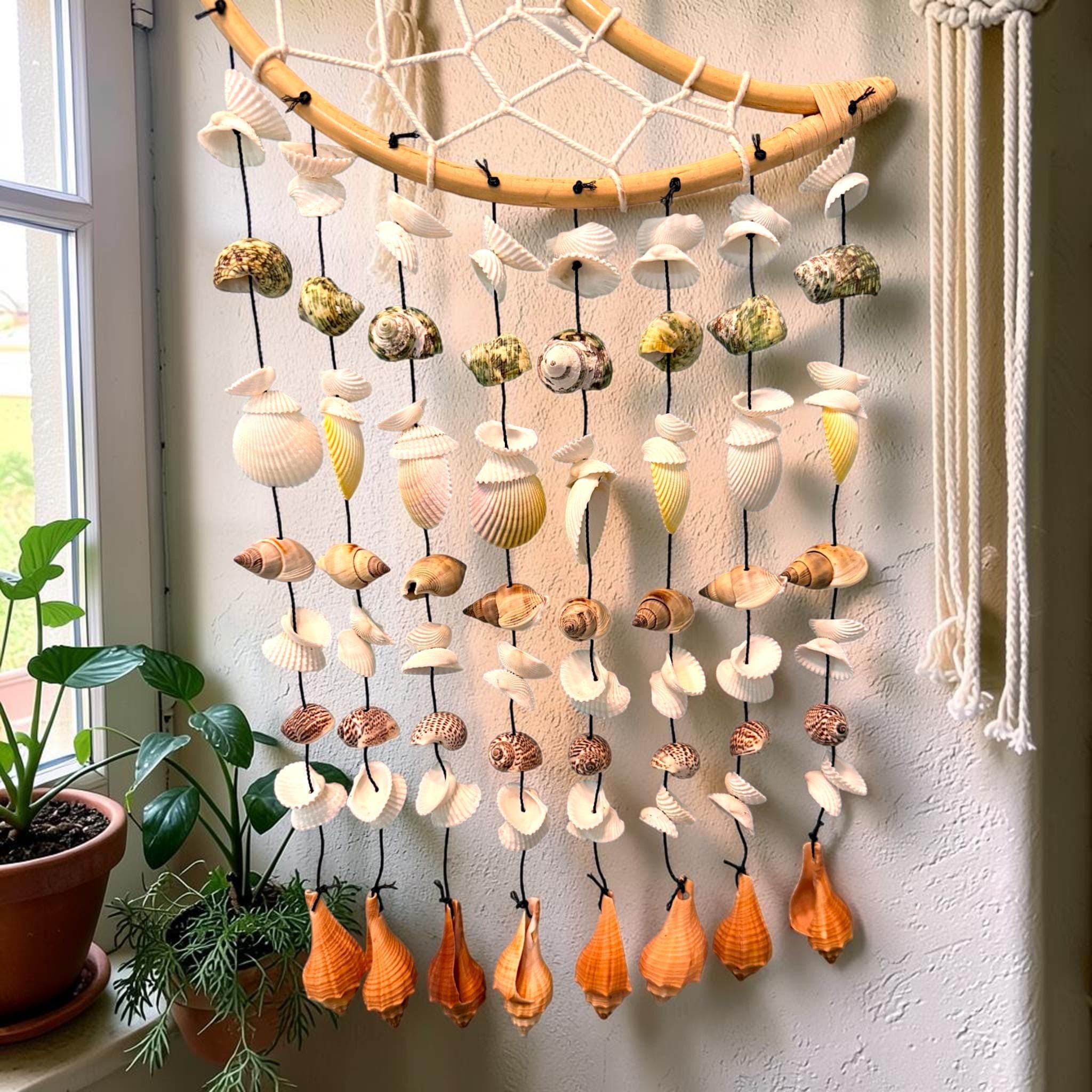 Boho Moon Dreamcatcher Wind Chime with Seashells | Coastal Wall Hanging, Beach Decor - Thumbnail 3