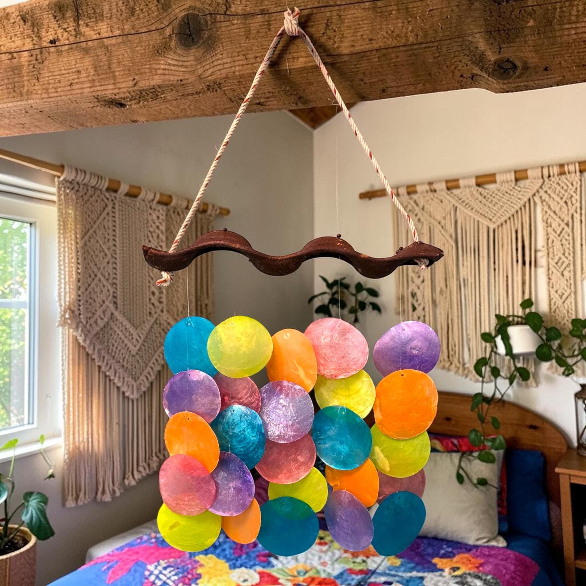 Rainbow Capiz Shell Wind Chime – Handmade Coastal Decor, Boho Tropical Mobile - Thumbnail 5